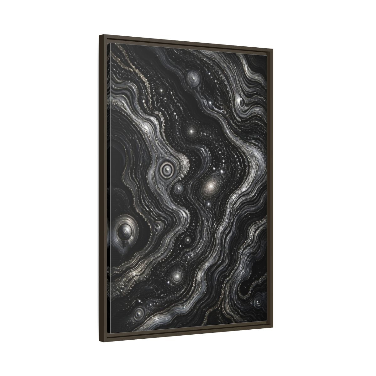 Main Mockup. Abstract Metallic Swirls shown as framed canvas print