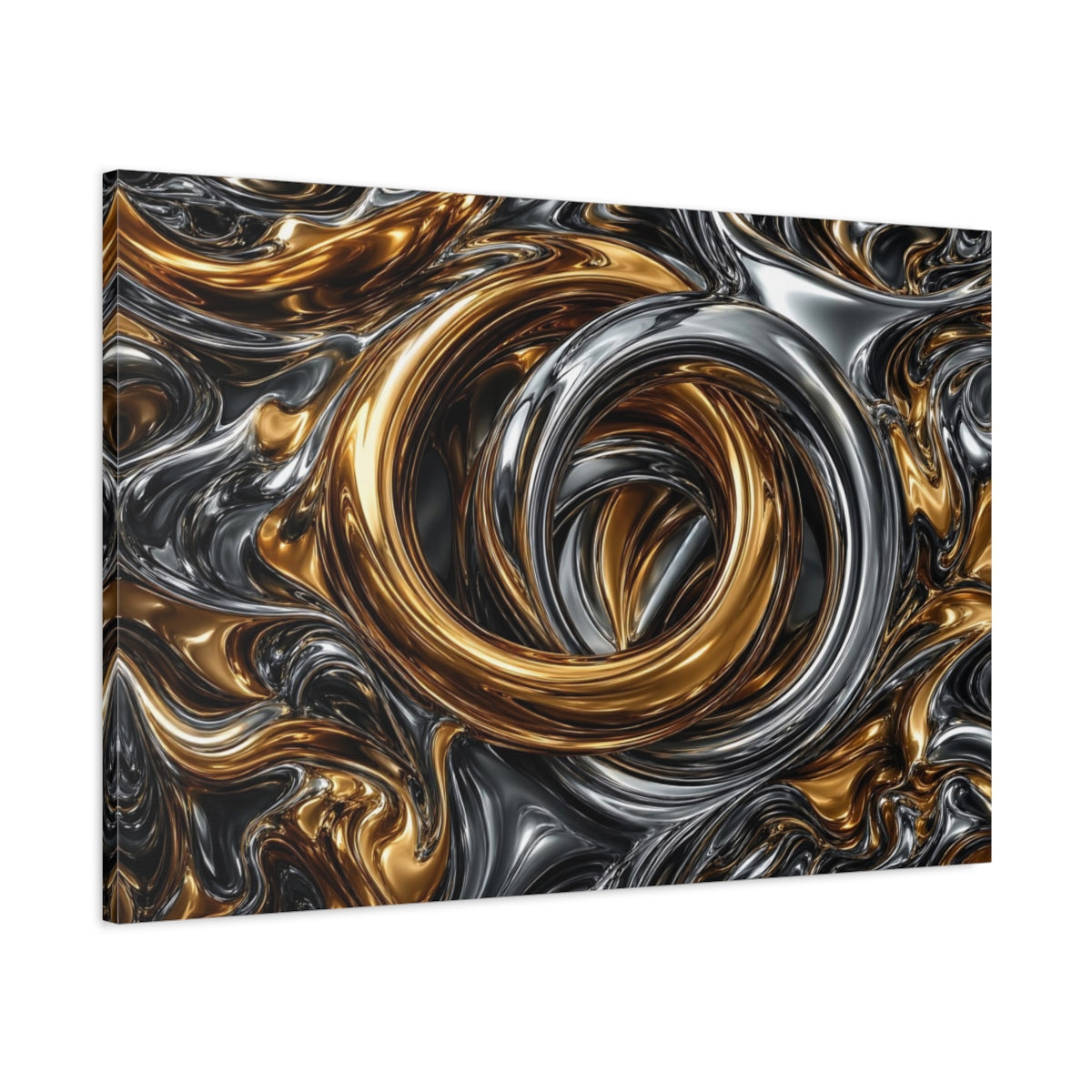 Main Mockup. Abstract Metallic Swirls Gold And Silver shown as stretched canvas wall art