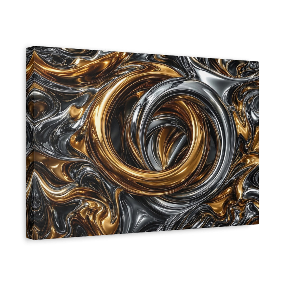 Side Mockup 4. Abstract Metallic Swirls Gold And Silver shown as stretched canvas wall art