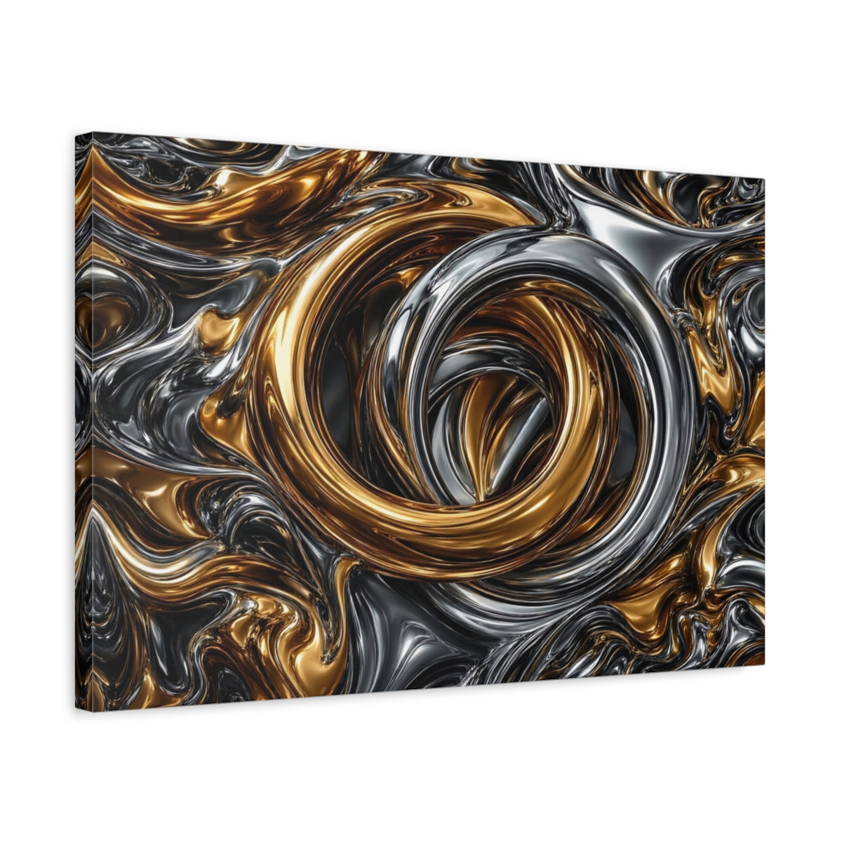 Side Mockup 3. Abstract Metallic Swirls Gold And Silver shown as stretched canvas wall art