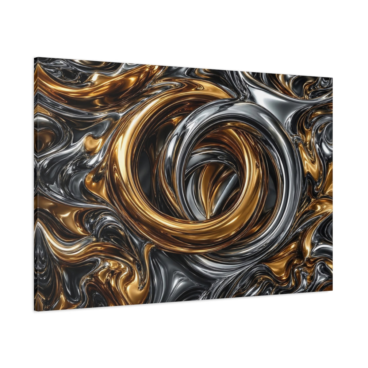 Side Mockup 1. Abstract Metallic Swirls Gold And Silver shown as stretched canvas wall art