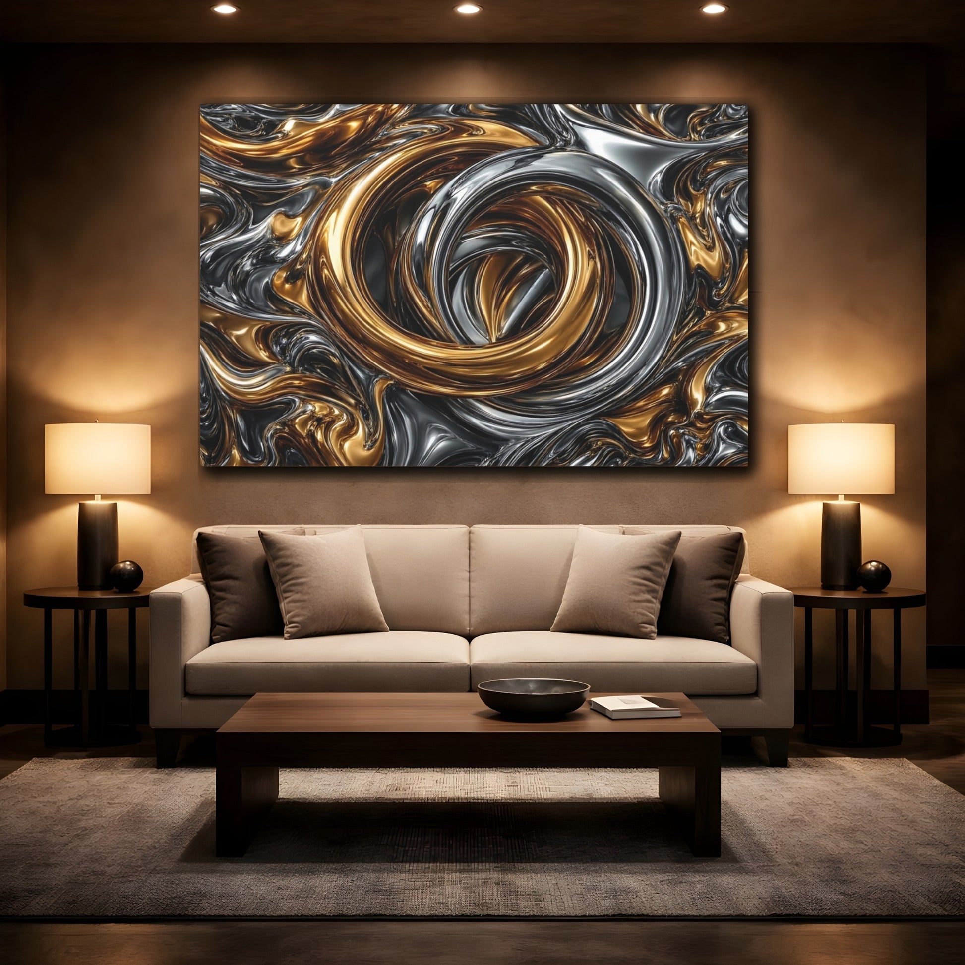 Mockup 2. Abstract Metallic Swirls Gold And Silver shown as stretched canvas wall art