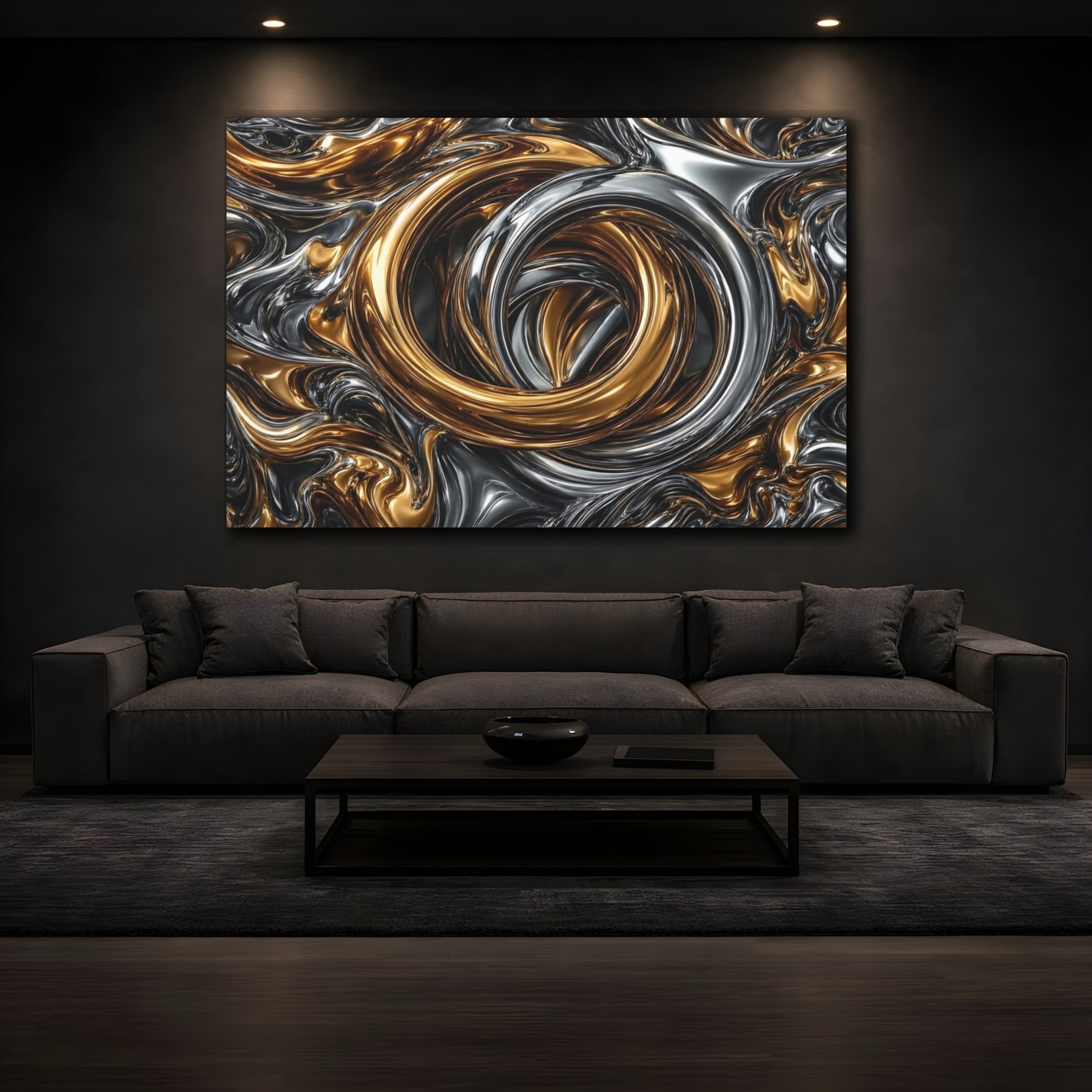 Mockup 3. Abstract Metallic Swirls Gold And Silver shown as stretched canvas wall art