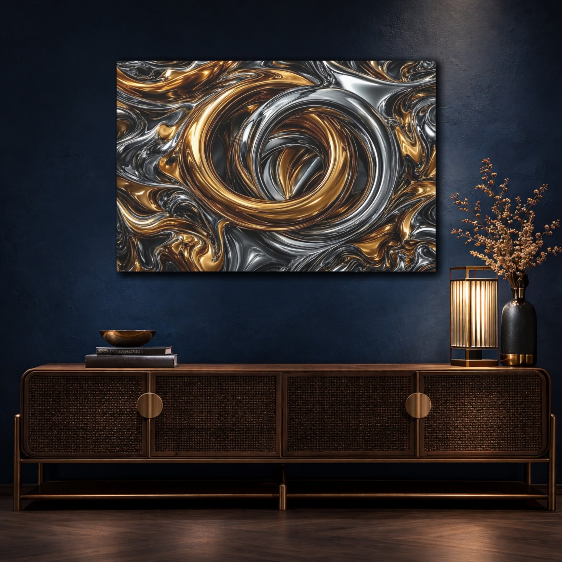 Mockup 4. Abstract Metallic Swirls Gold And Silver shown as stretched canvas wall art
