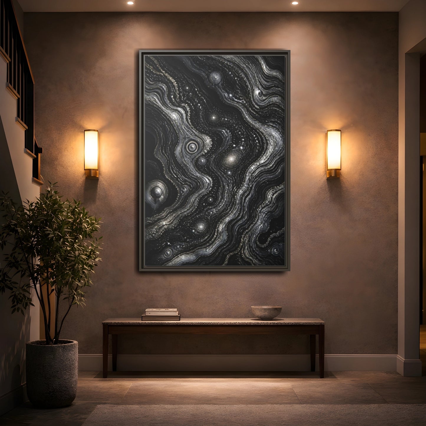Mockup 2. Abstract Metallic Swirls shown as framed canvas print