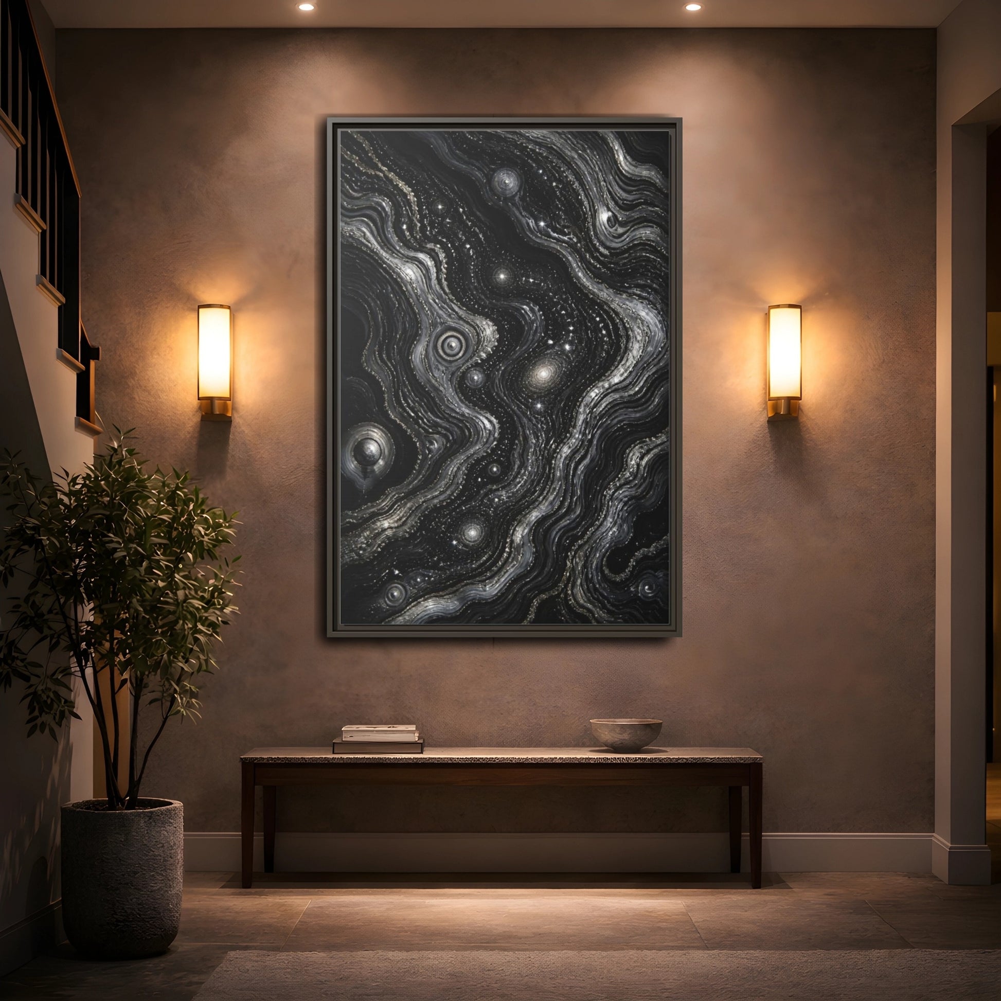 Mockup 2. Abstract Metallic Swirls shown as framed canvas print