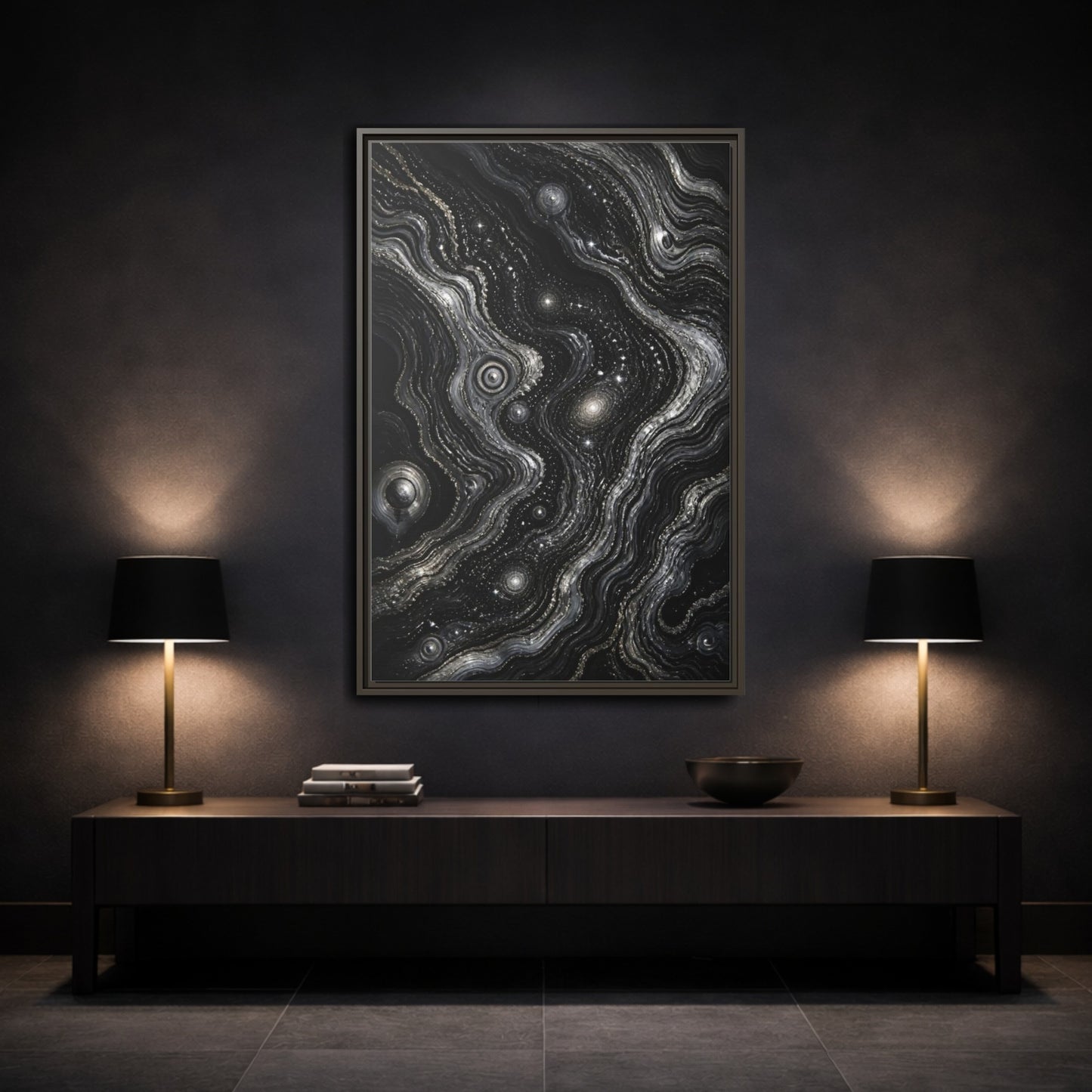 Mockup 3. Abstract Metallic Swirls shown as framed canvas print