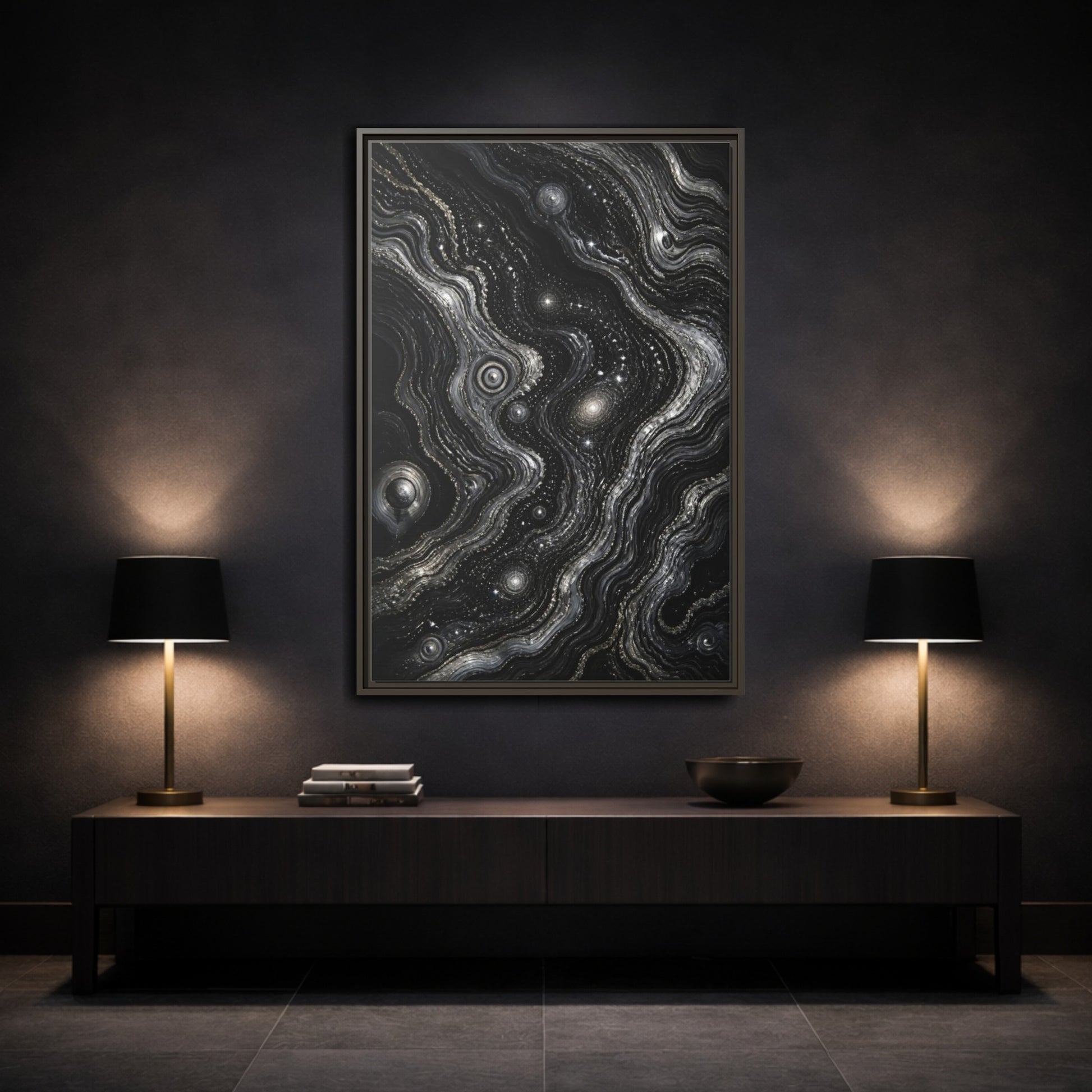 Mockup 3. Abstract Metallic Swirls shown as framed canvas print