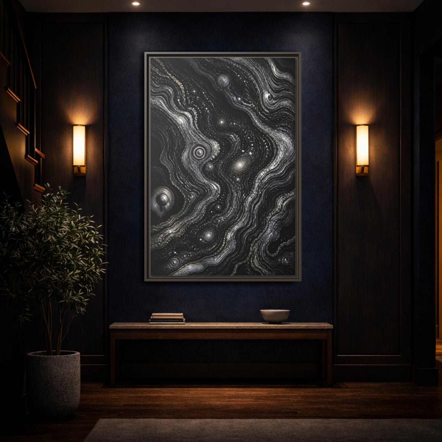 Mockup 4. Abstract Metallic Swirls shown as framed canvas print