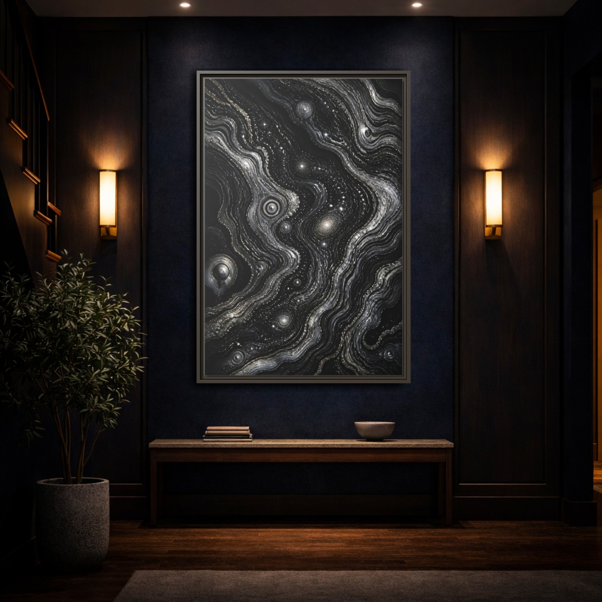 Mockup 4. Abstract Metallic Swirls shown as framed canvas print
