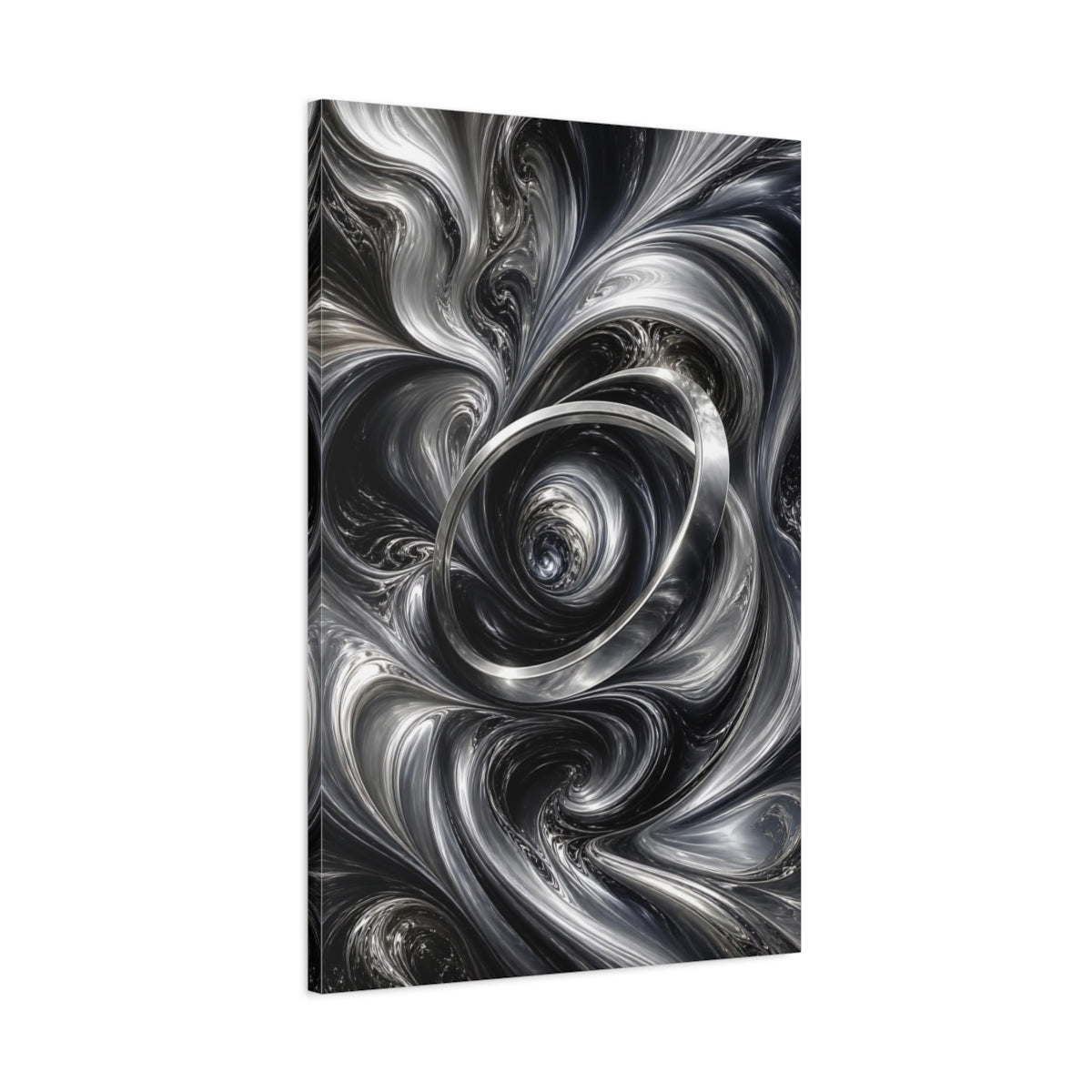 Main Mockup. Abstract Metallic Vortex Black And Silver shown as stretched canvas wall art