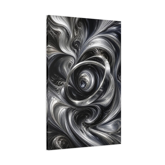 Main Mockup. Abstract Metallic Vortex Black And Silver shown as stretched canvas wall art