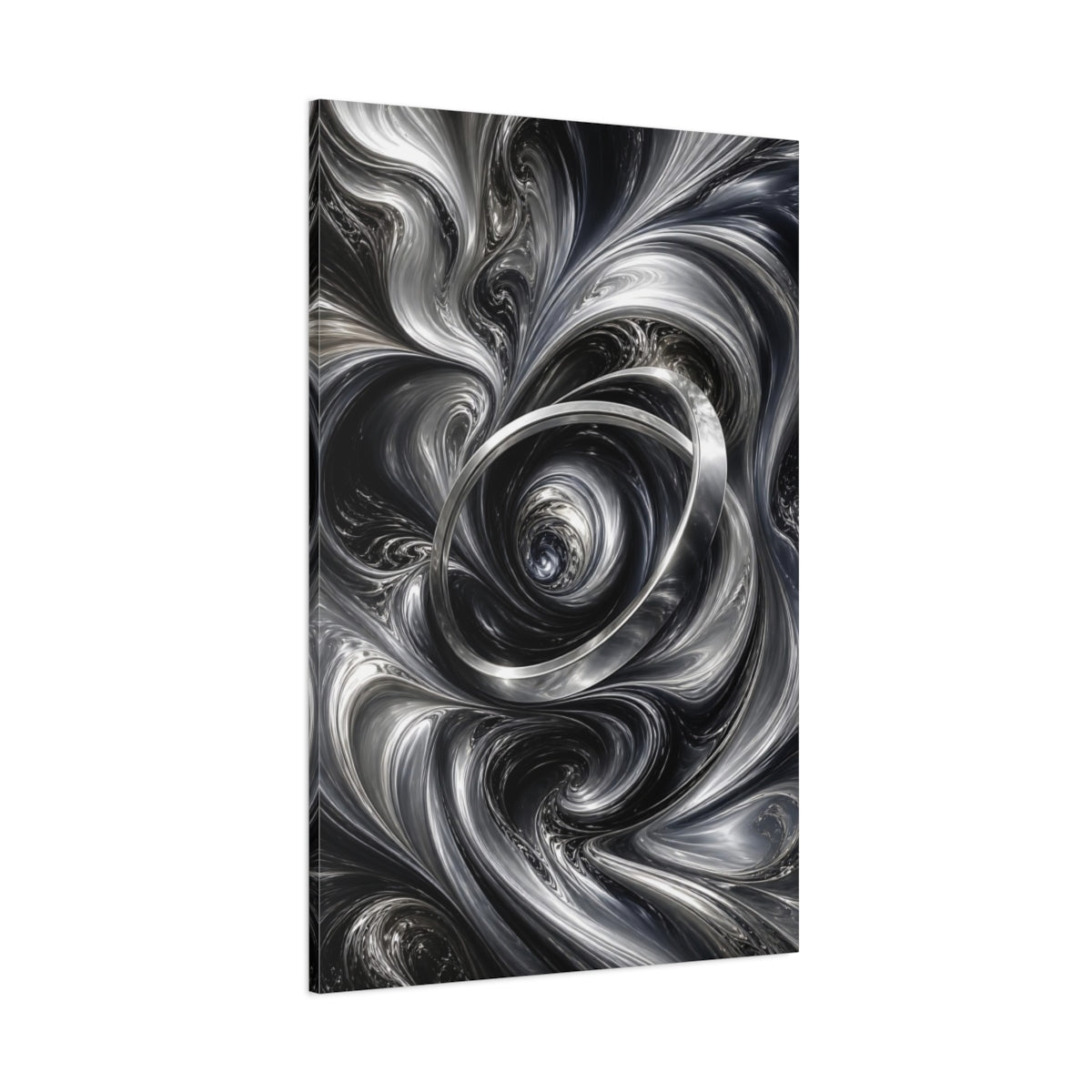Side Mockup 1. Abstract Metallic Vortex Black And Silver shown as stretched canvas wall art