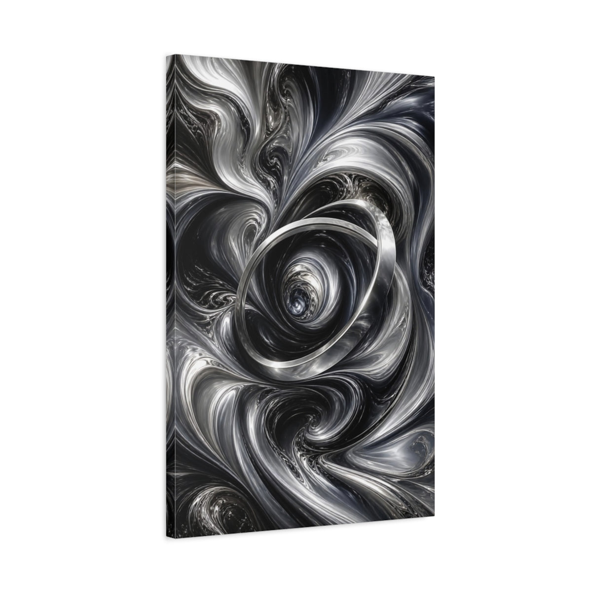 Side Mockup 2. Abstract Metallic Vortex Black And Silver shown as stretched canvas wall art