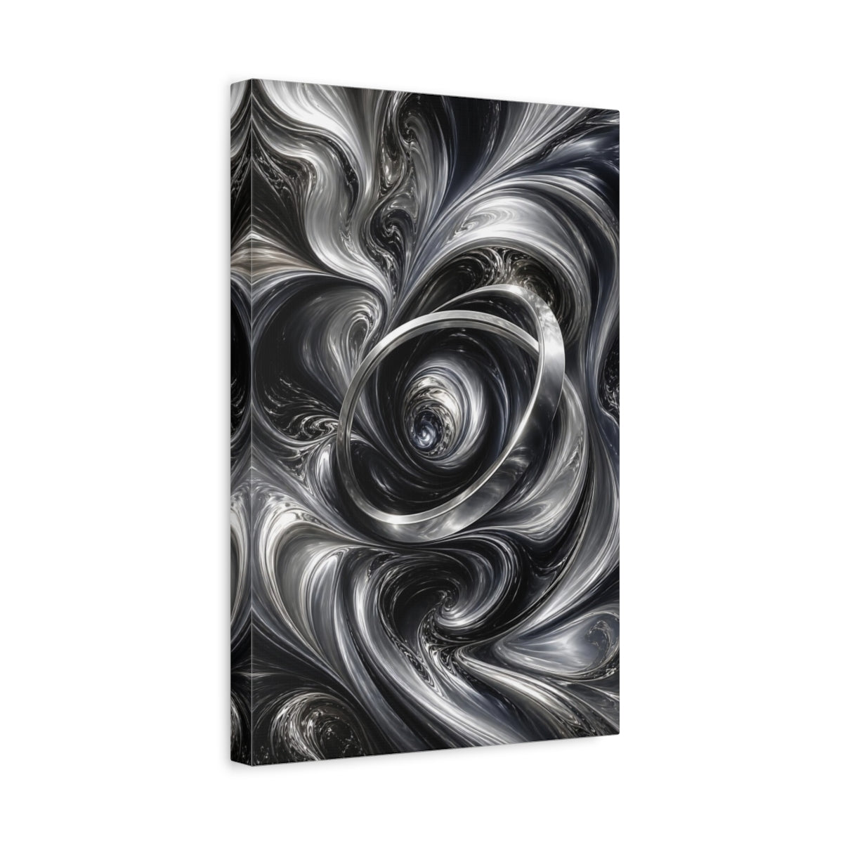 Side Mockup 4. Abstract Metallic Vortex Black And Silver shown as stretched canvas wall art