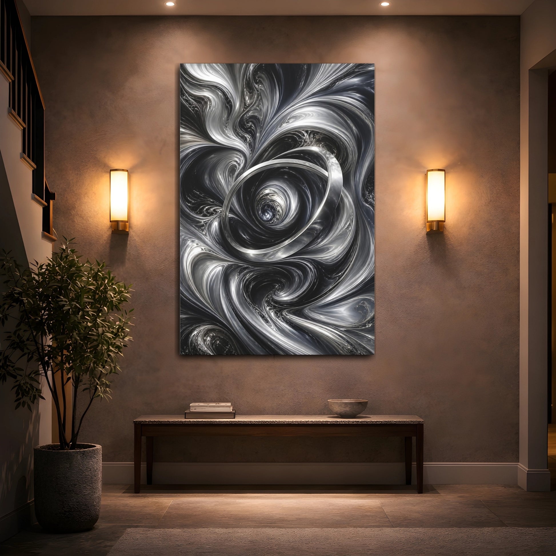 Mockup 2. Abstract Metallic Vortex Black And Silver shown as stretched canvas wall art