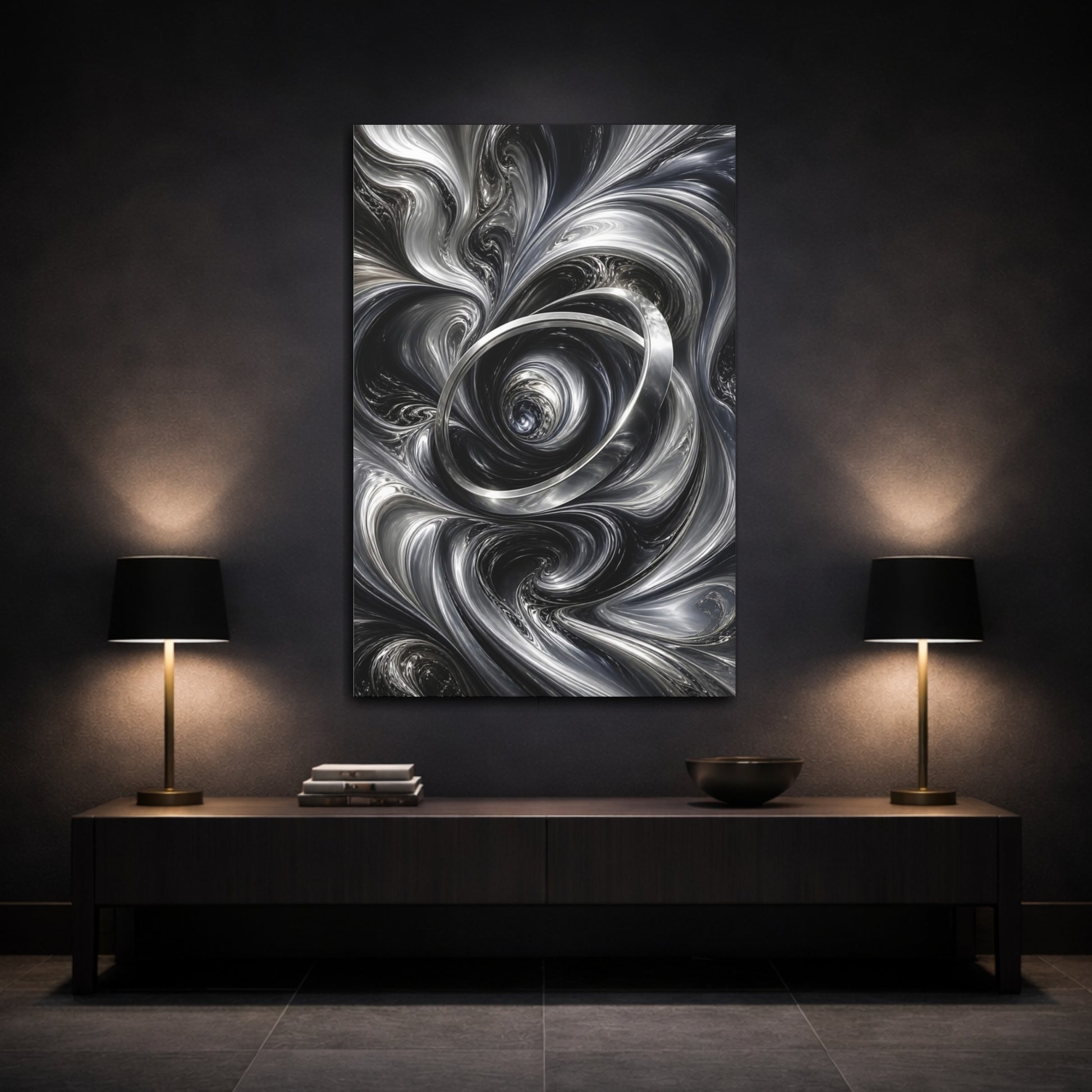Mockup 3. Abstract Metallic Vortex Black And Silver shown as stretched canvas wall art