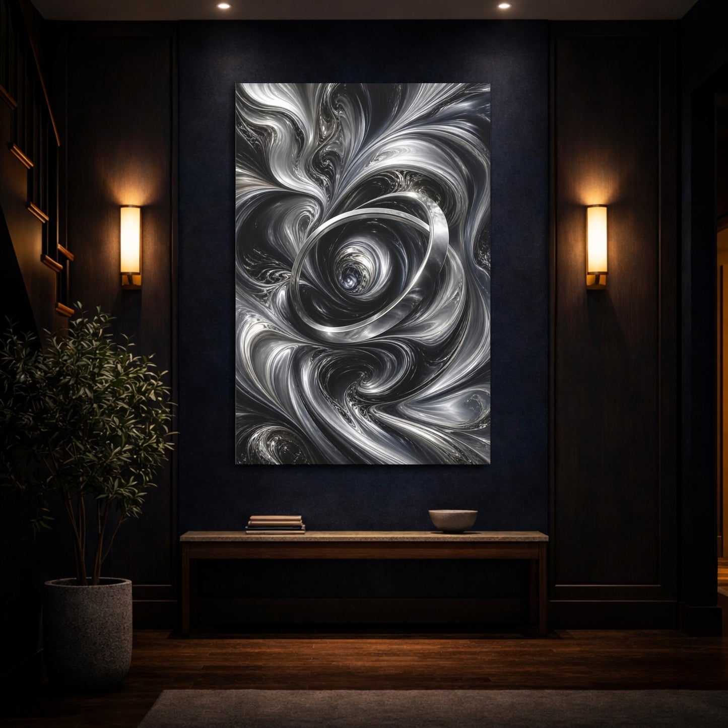 Mockup 4. Abstract Metallic Vortex Black And Silver shown as stretched canvas wall art