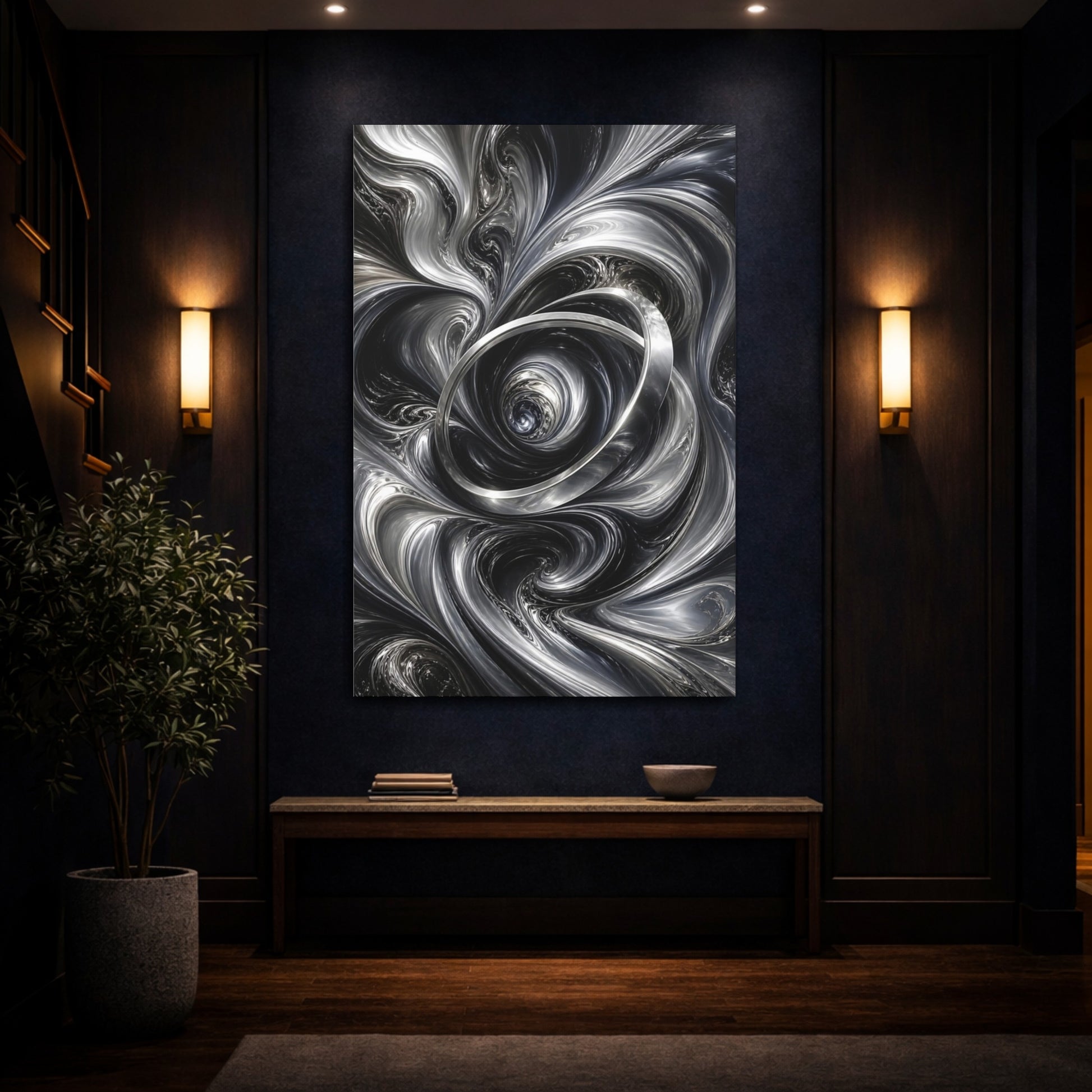 Mockup 4. Abstract Metallic Vortex Black And Silver shown as stretched canvas wall art