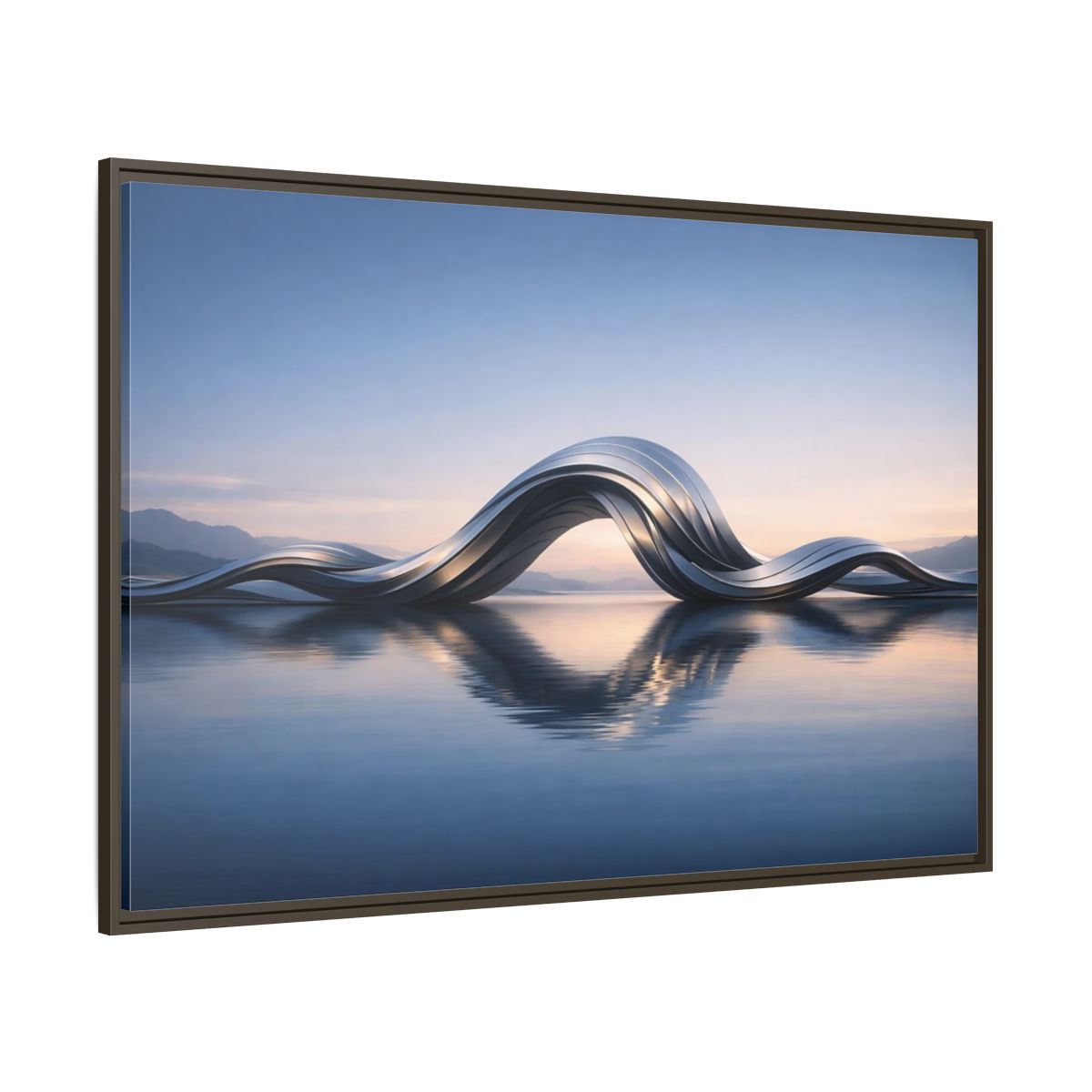 Main Mockup. Abstract Metallic Wave Blue And Silver shown as stretched canvas wall art