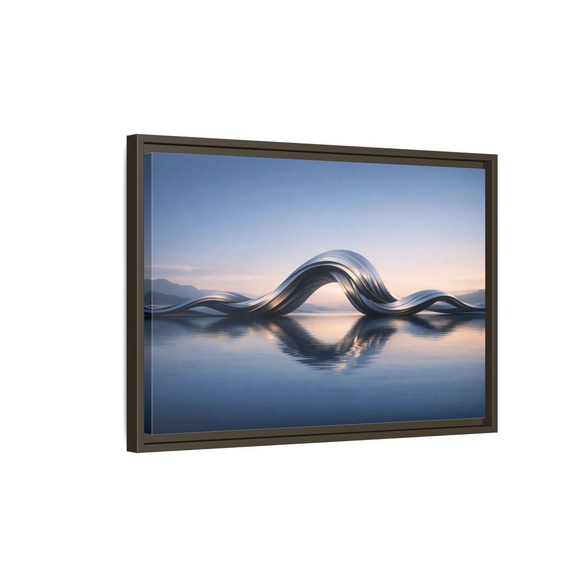 Side Mockup 2. Abstract Metallic Wave Blue And Silver shown as stretched canvas wall art