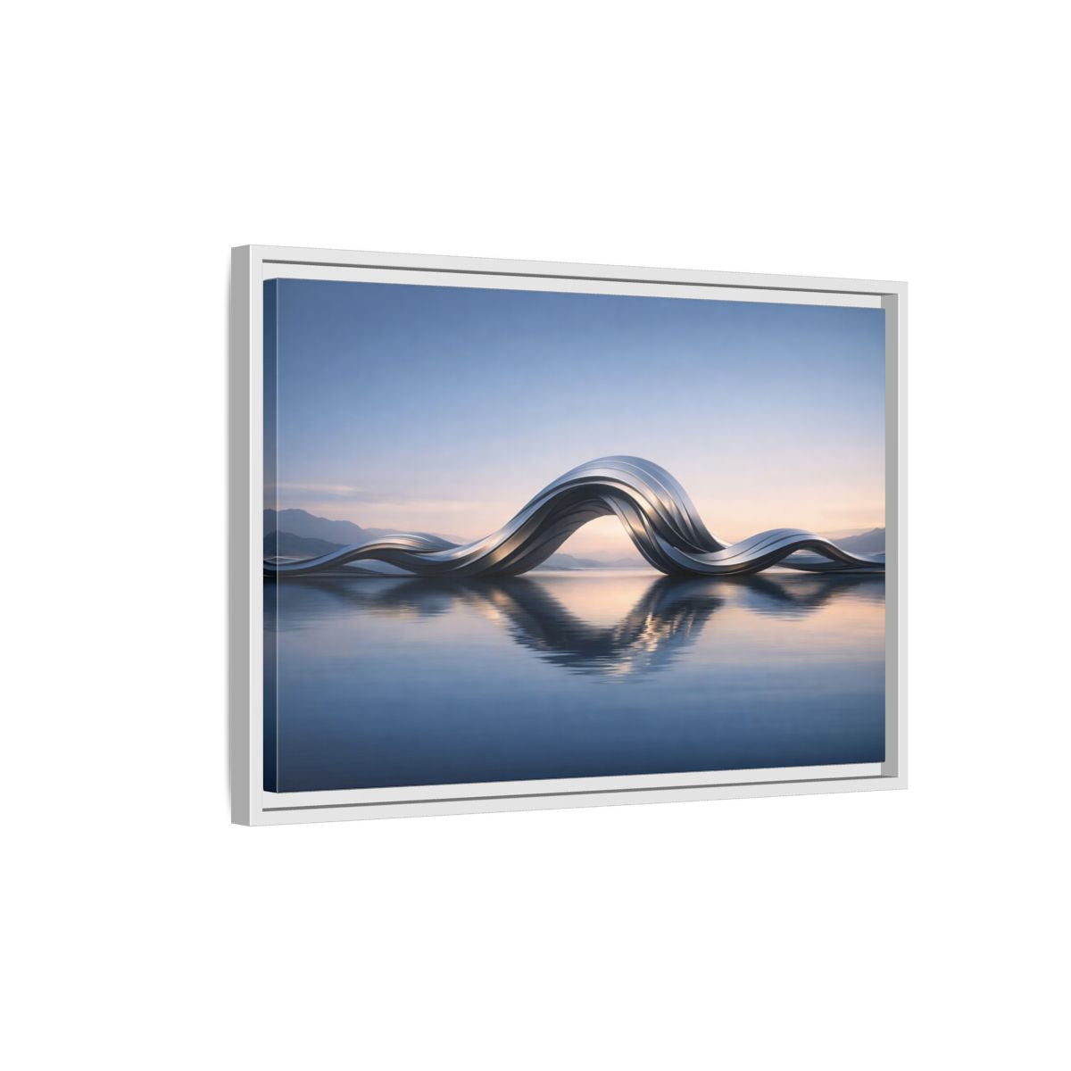 Side Mockup 1. Abstract Metallic Wave Blue And Silver shown as stretched canvas wall art