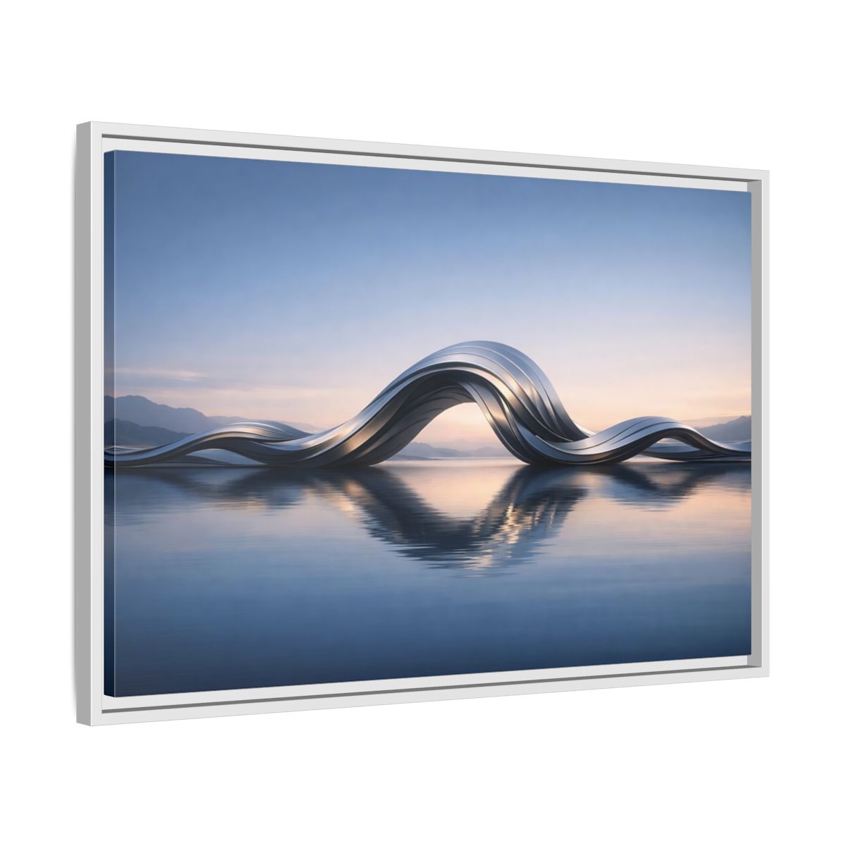 Side Mockup 10. Abstract Metallic Wave Blue And Silver shown as stretched canvas wall art