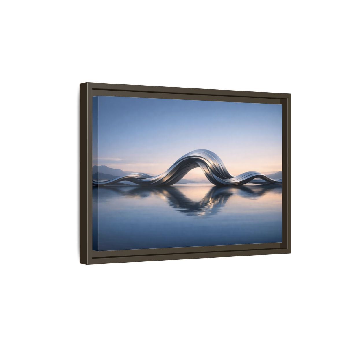 Side Mockup 5. Abstract Metallic Wave Blue And Silver shown as stretched canvas wall art