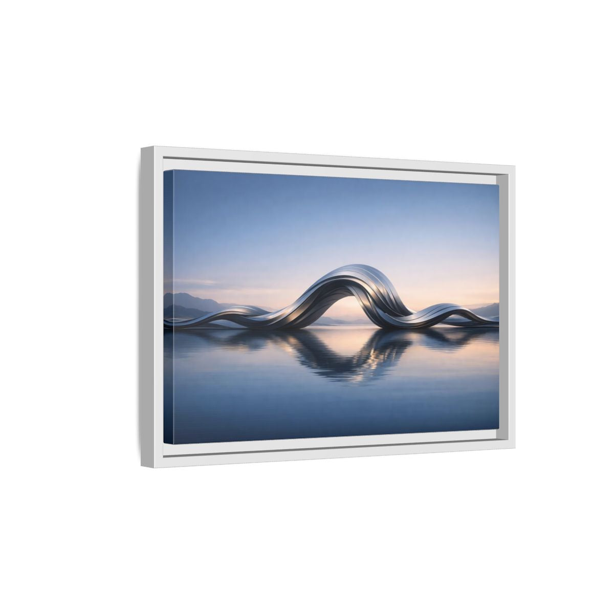 Side Mockup 4. Abstract Metallic Wave Blue And Silver shown as stretched canvas wall art