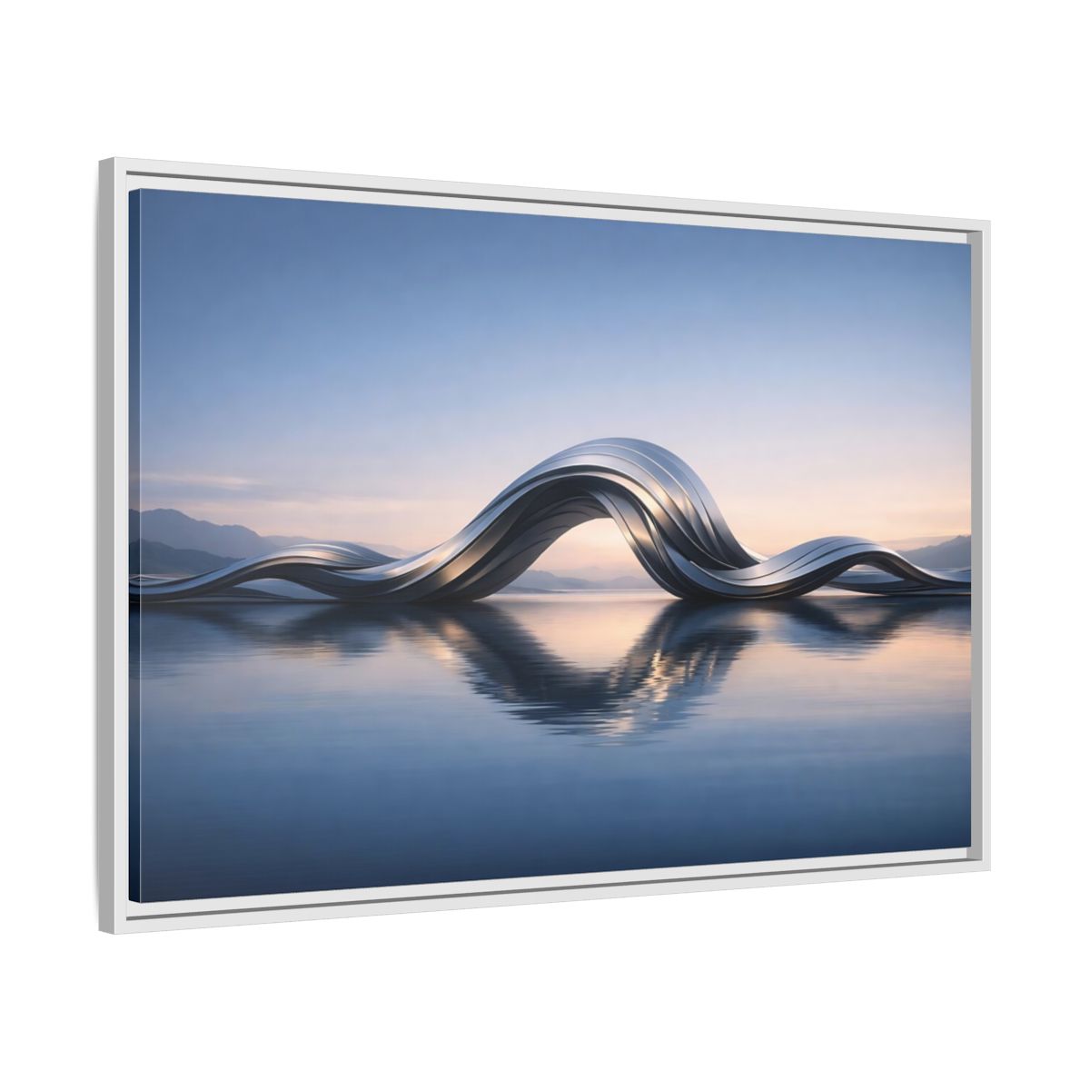Side Mockup 8. Abstract Metallic Wave Blue And Silver shown as stretched canvas wall art
