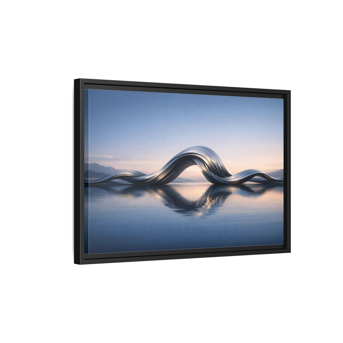 Side Mockup 3. Abstract Metallic Wave Blue And Silver shown as stretched canvas wall art