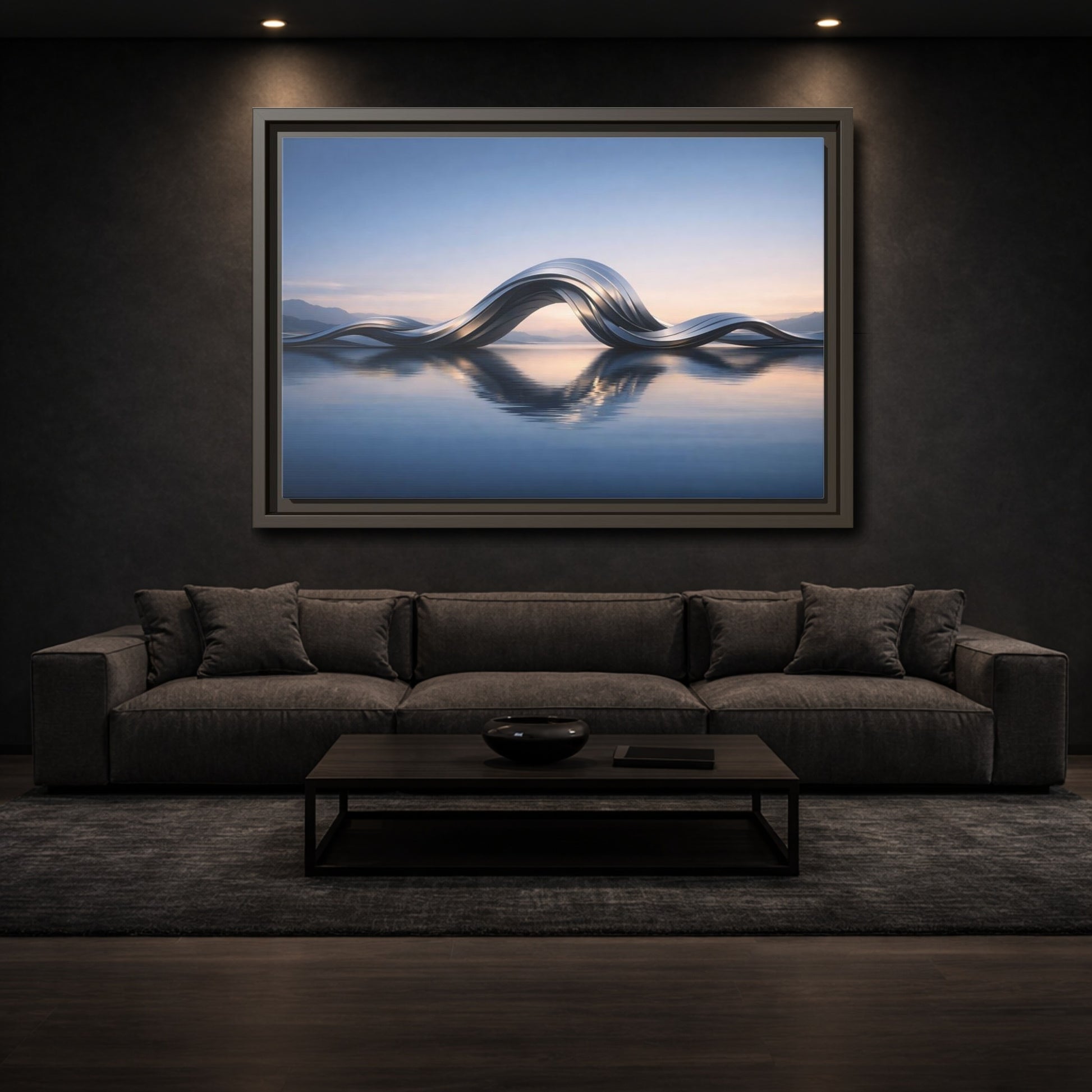 Mockup 2. Abstract Metallic Wave Blue And Silver shown as stretched canvas wall art