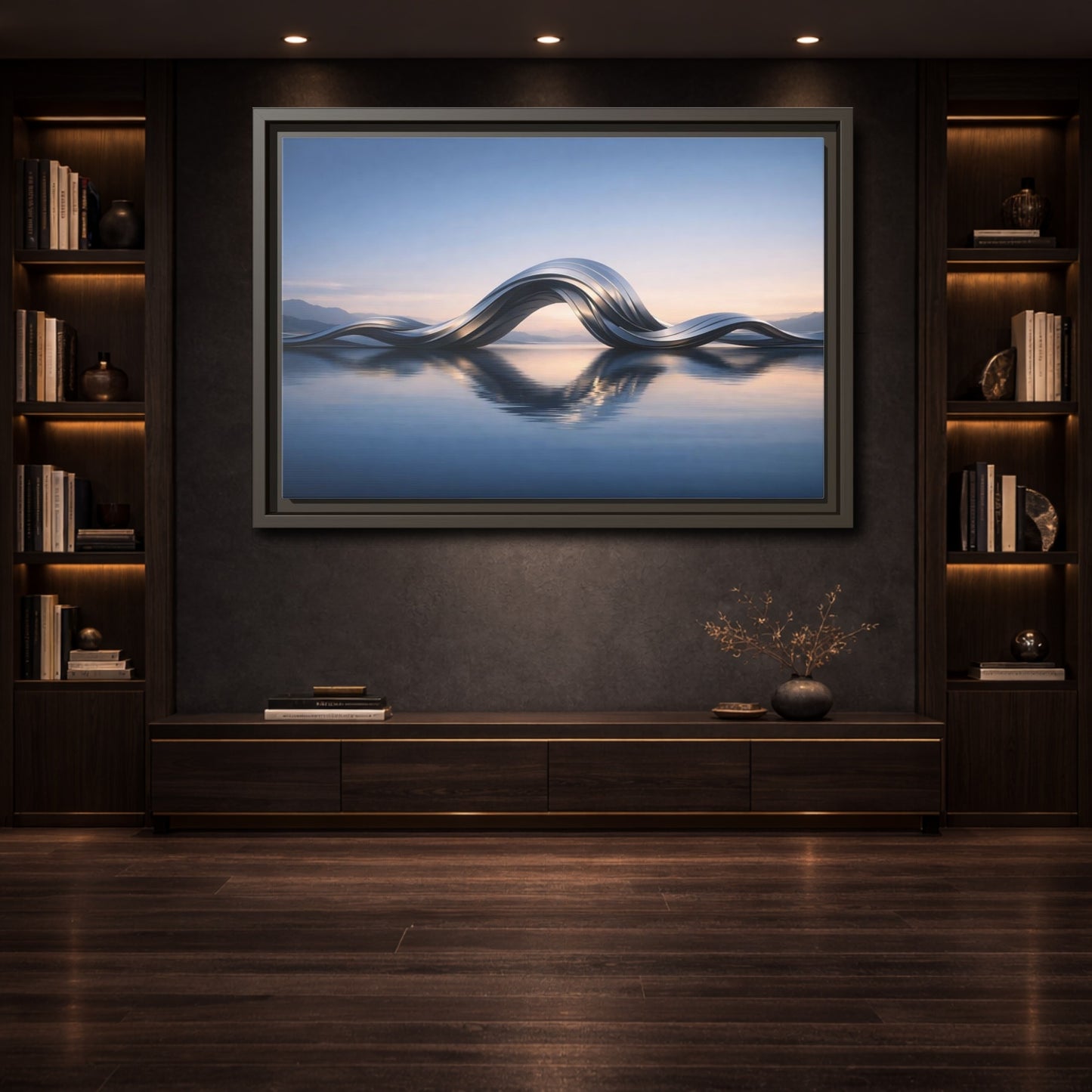 Mockup 3. Abstract Metallic Wave Blue And Silver shown as stretched canvas wall art
