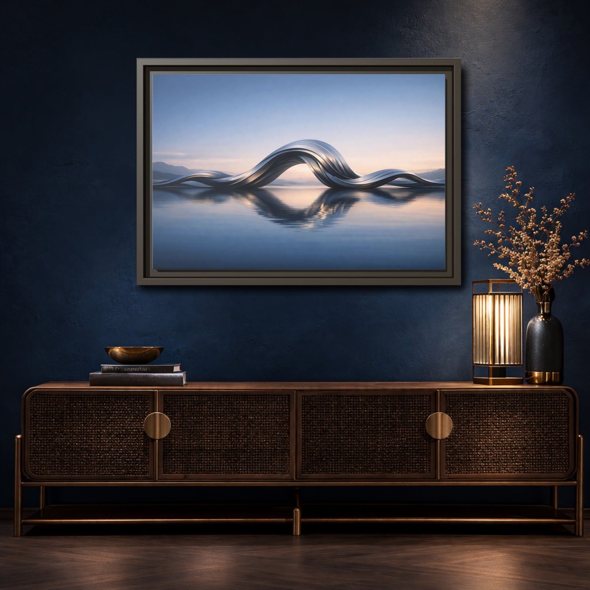Mockup 4. Abstract Metallic Wave Blue And Silver shown as stretched canvas wall art