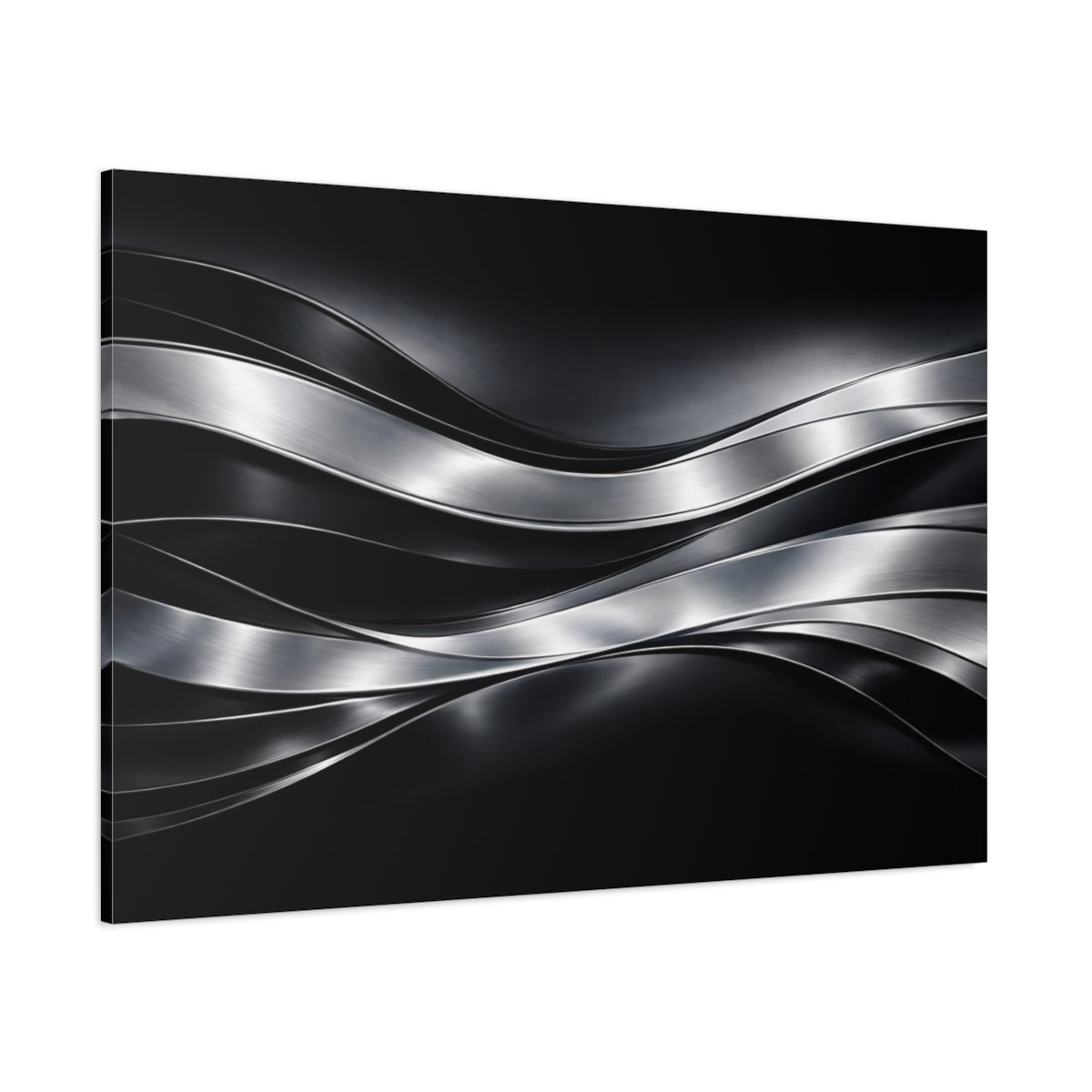 Main Mockup. Abstract Metallic Waves Black And Silver shown as stretched canvas wall art