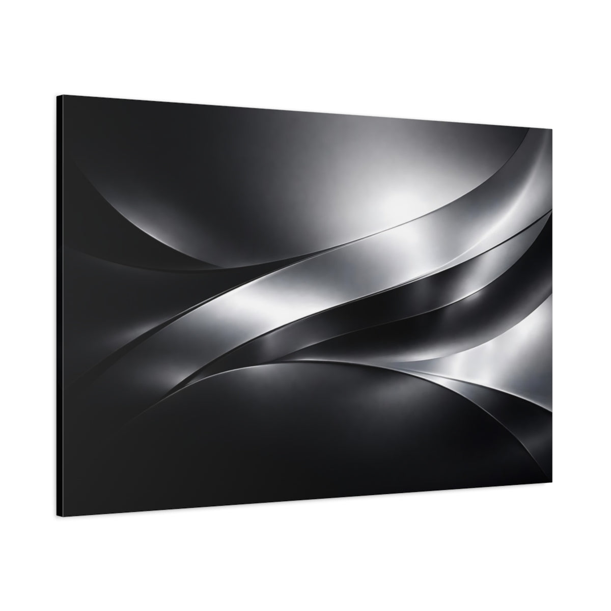 Main Mockup. Abstract Metallic Waves Black And Silver shown as stretched canvas wall art