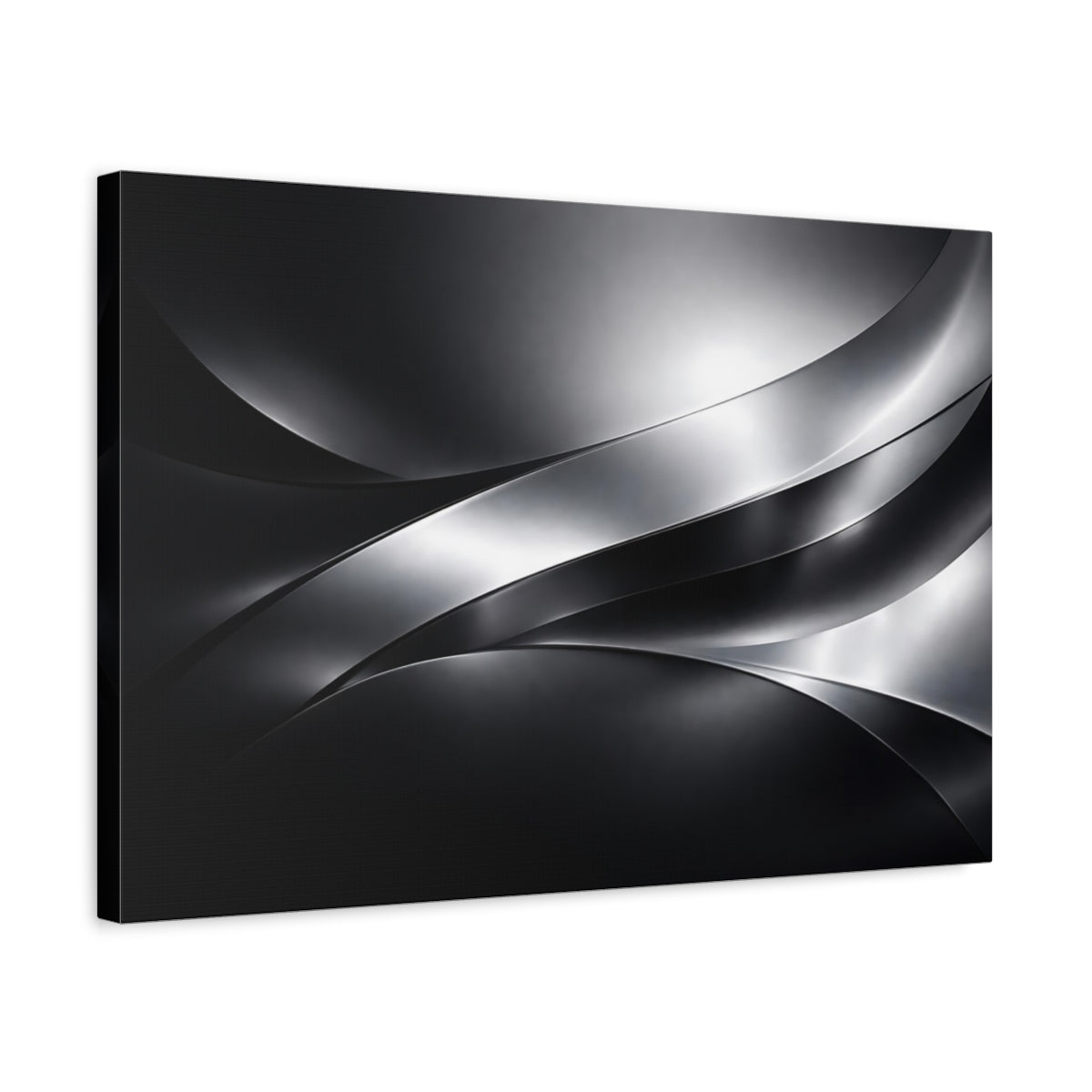Side Mockup 3. Abstract Metallic Waves Black And Silver shown as stretched canvas wall art
