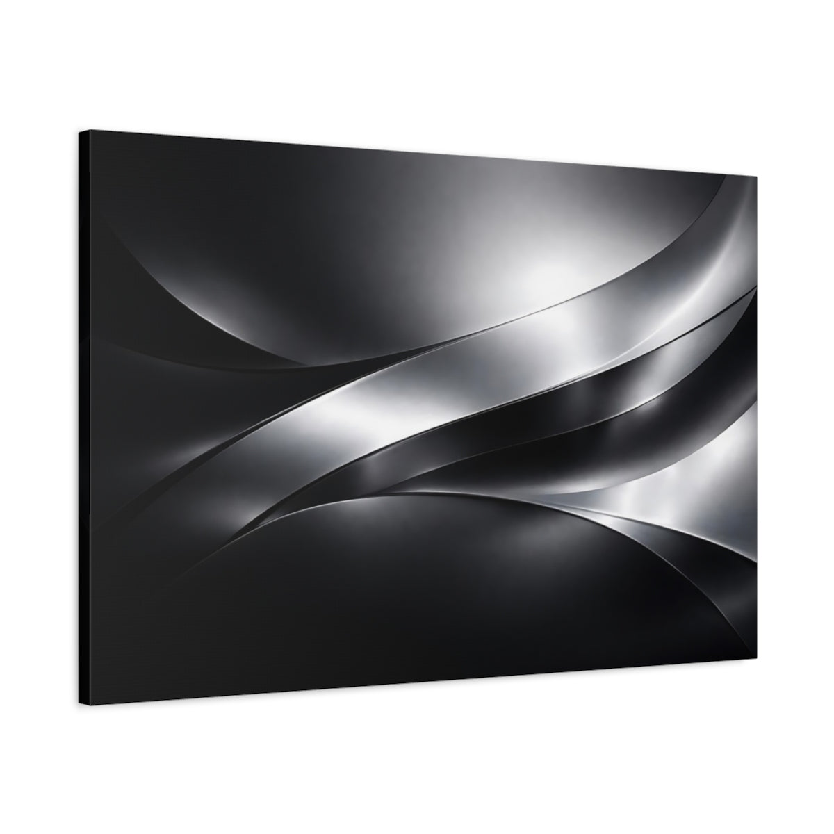 Side Mockup 1. Abstract Metallic Waves Black And Silver shown as stretched canvas wall art