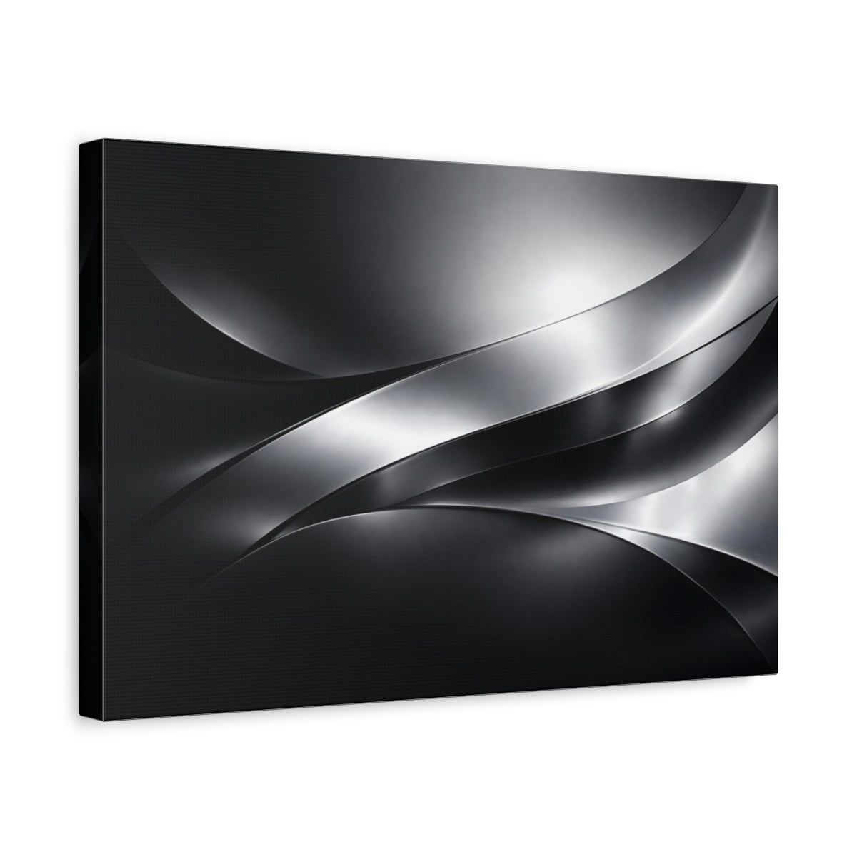 Side Mockup 4. Abstract Metallic Waves Black And Silver shown as stretched canvas wall art