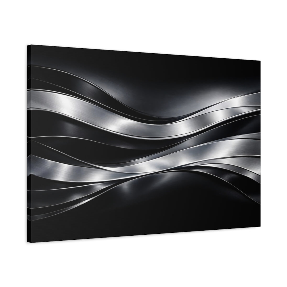 Side Mockup 1. Abstract Metallic Waves Black And Silver shown as stretched canvas wall art