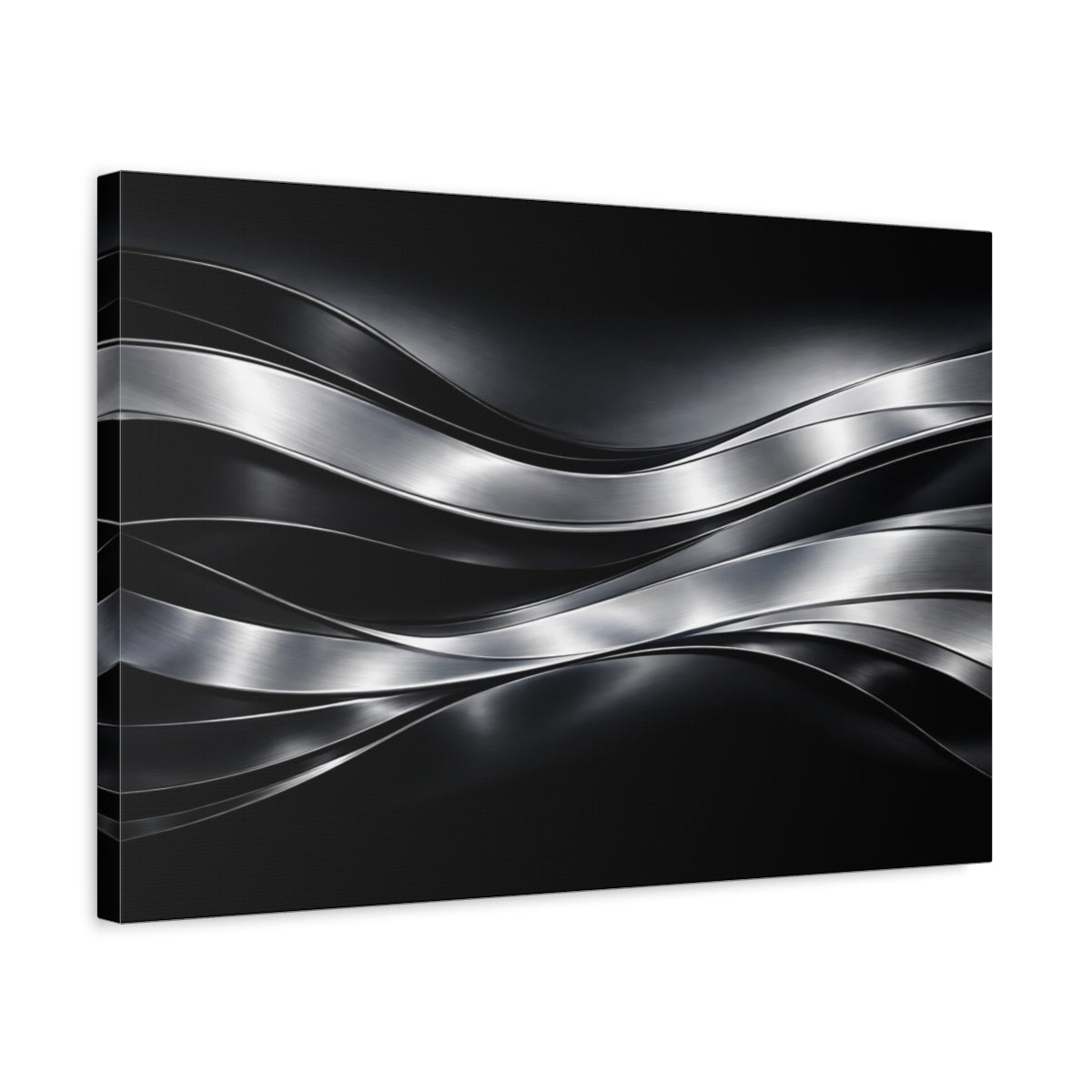 Side Mockup 3. Abstract Metallic Waves Black And Silver shown as stretched canvas wall art