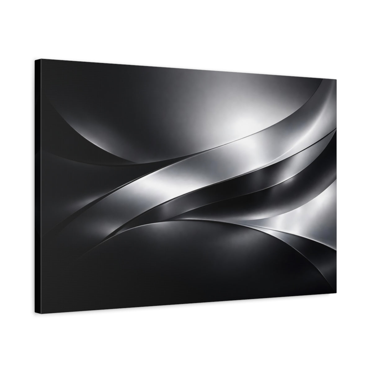Side Mockup 2. Abstract Metallic Waves Black And Silver shown as stretched canvas wall art