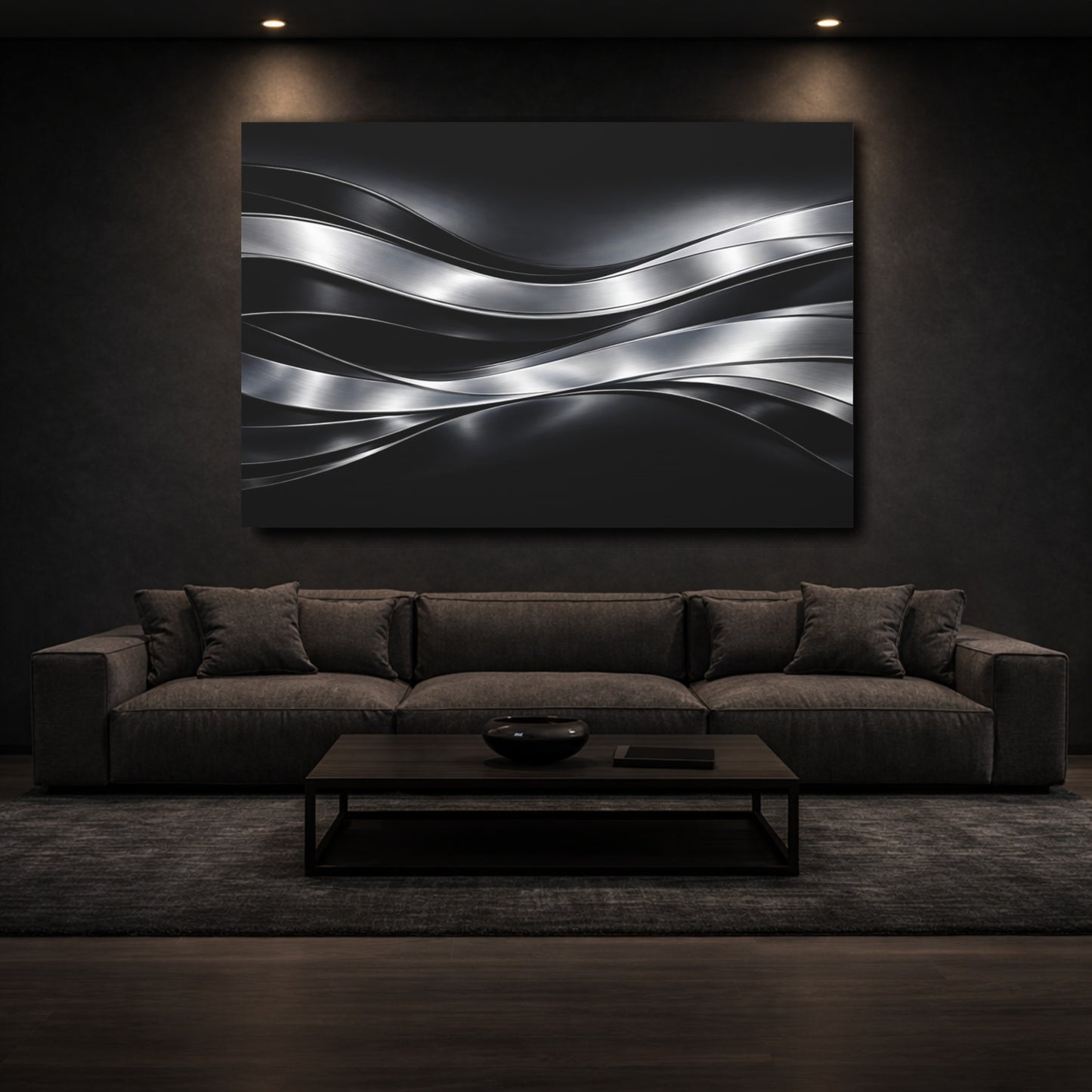Mockup 2. Abstract Metallic Waves Black And Silver shown as stretched canvas wall art