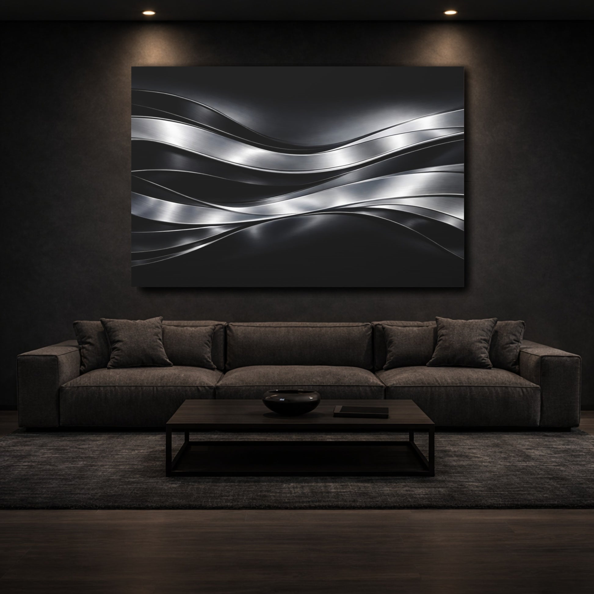 Mockup 2. Abstract Metallic Waves Black And Silver shown as stretched canvas wall art