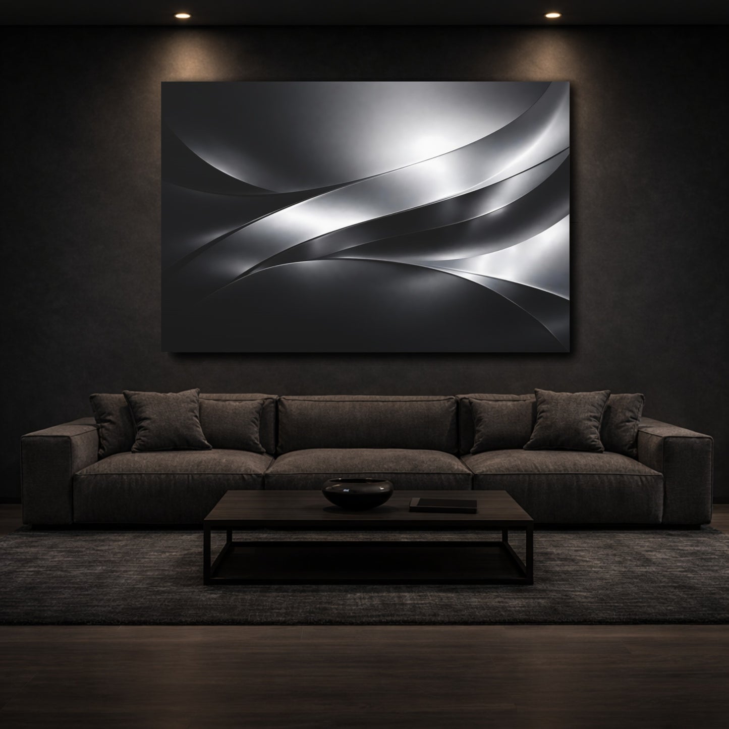 Mockup 2. Abstract Metallic Waves Black And Silver shown as stretched canvas wall art