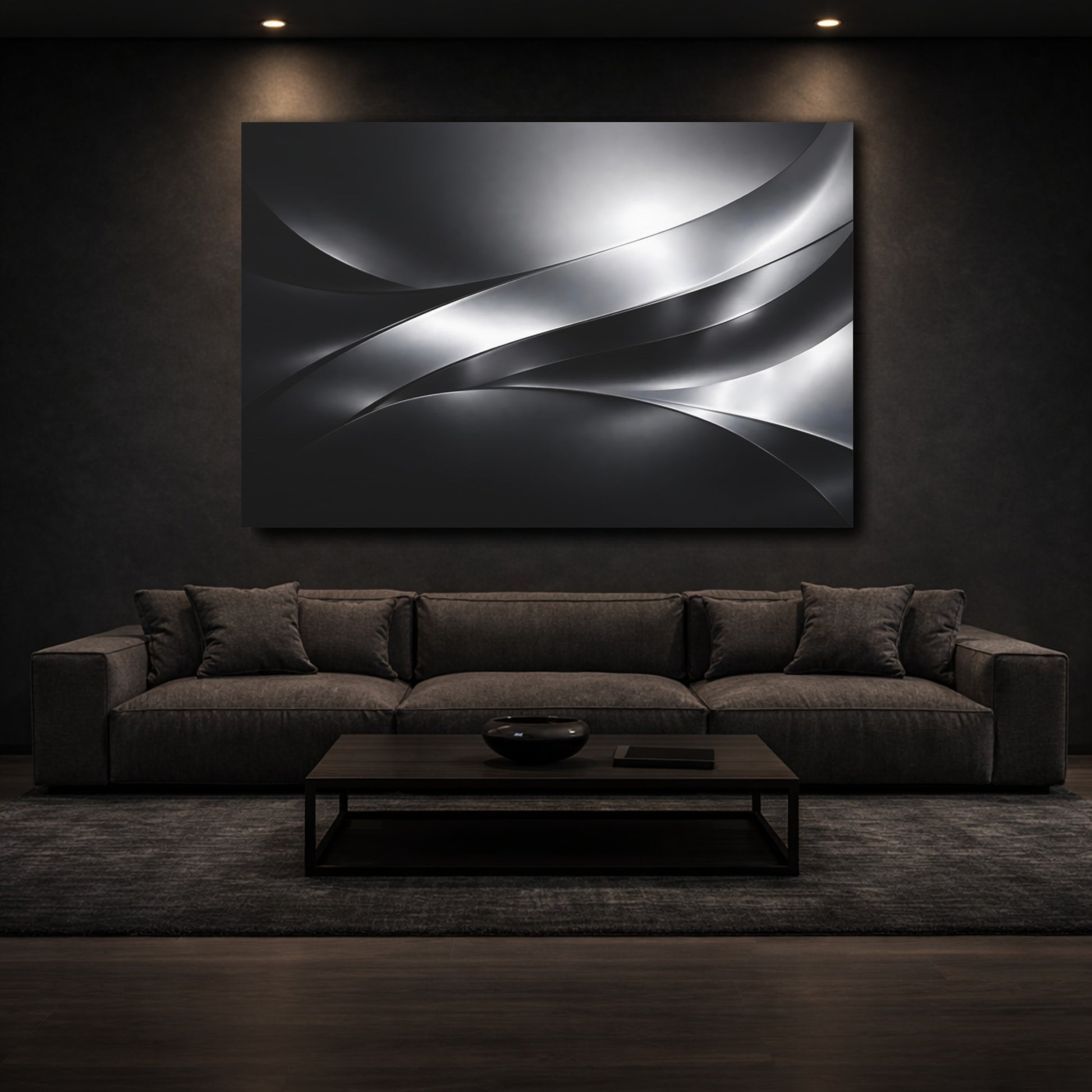 Mockup 2. Abstract Metallic Waves Black And Silver shown as stretched canvas wall art