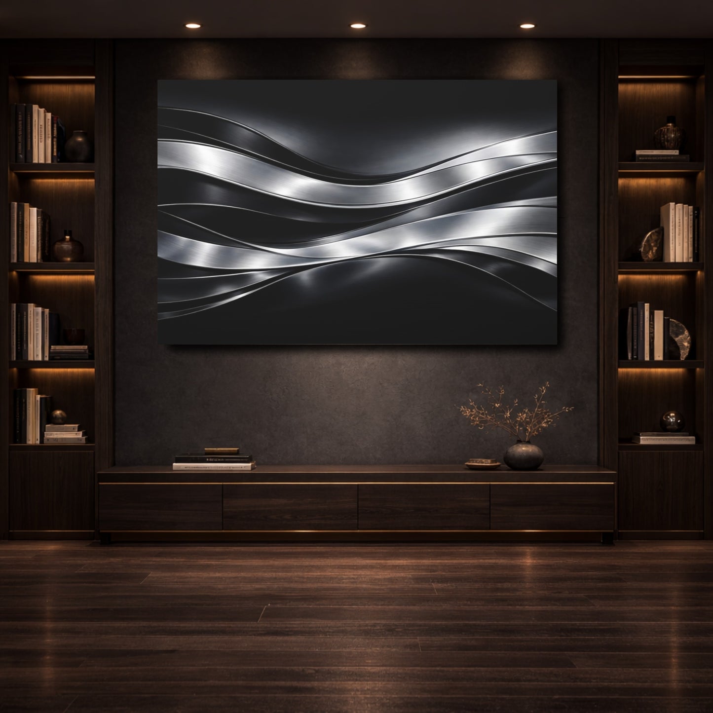 Mockup 3. Abstract Metallic Waves Black And Silver shown as stretched canvas wall art