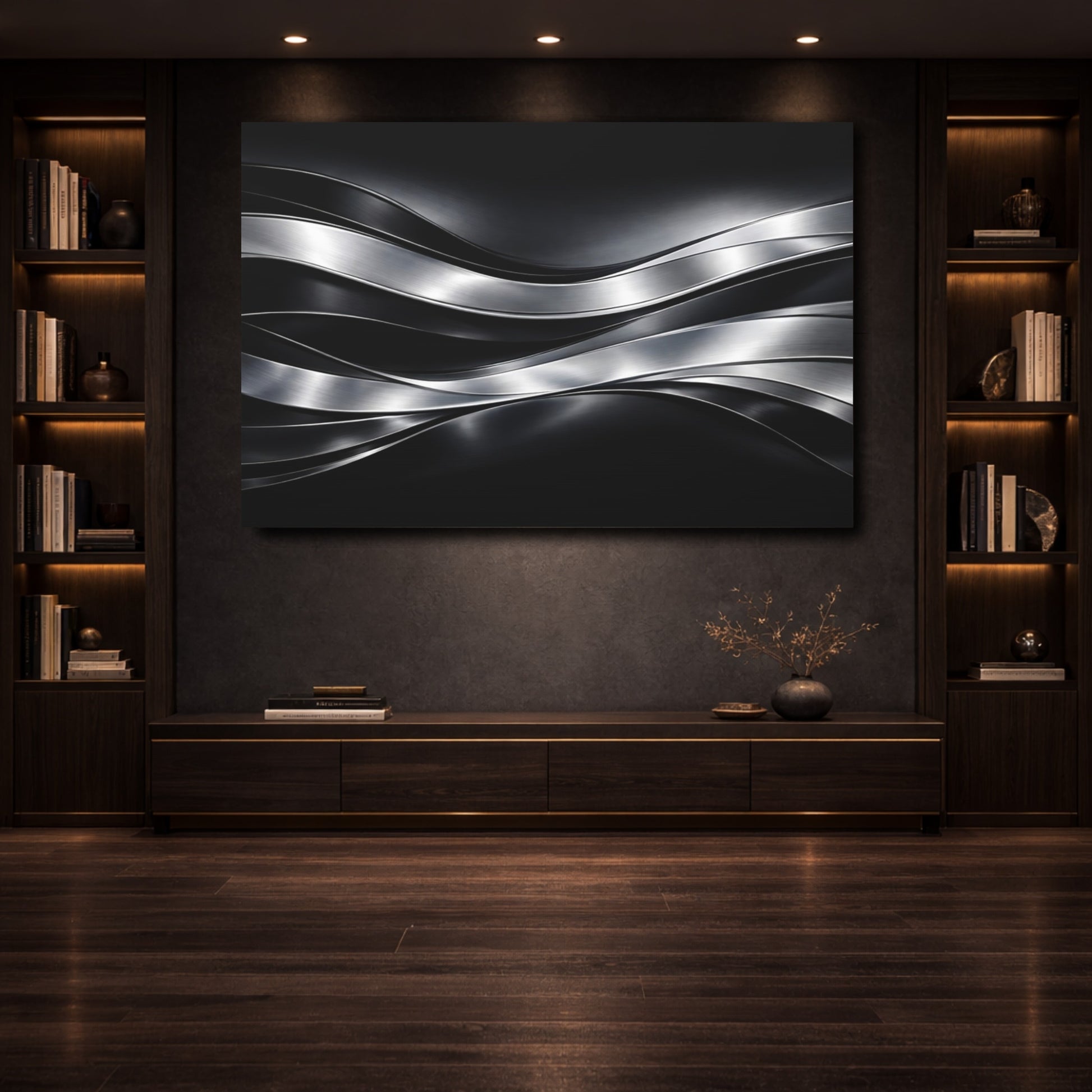 Mockup 3. Abstract Metallic Waves Black And Silver shown as stretched canvas wall art