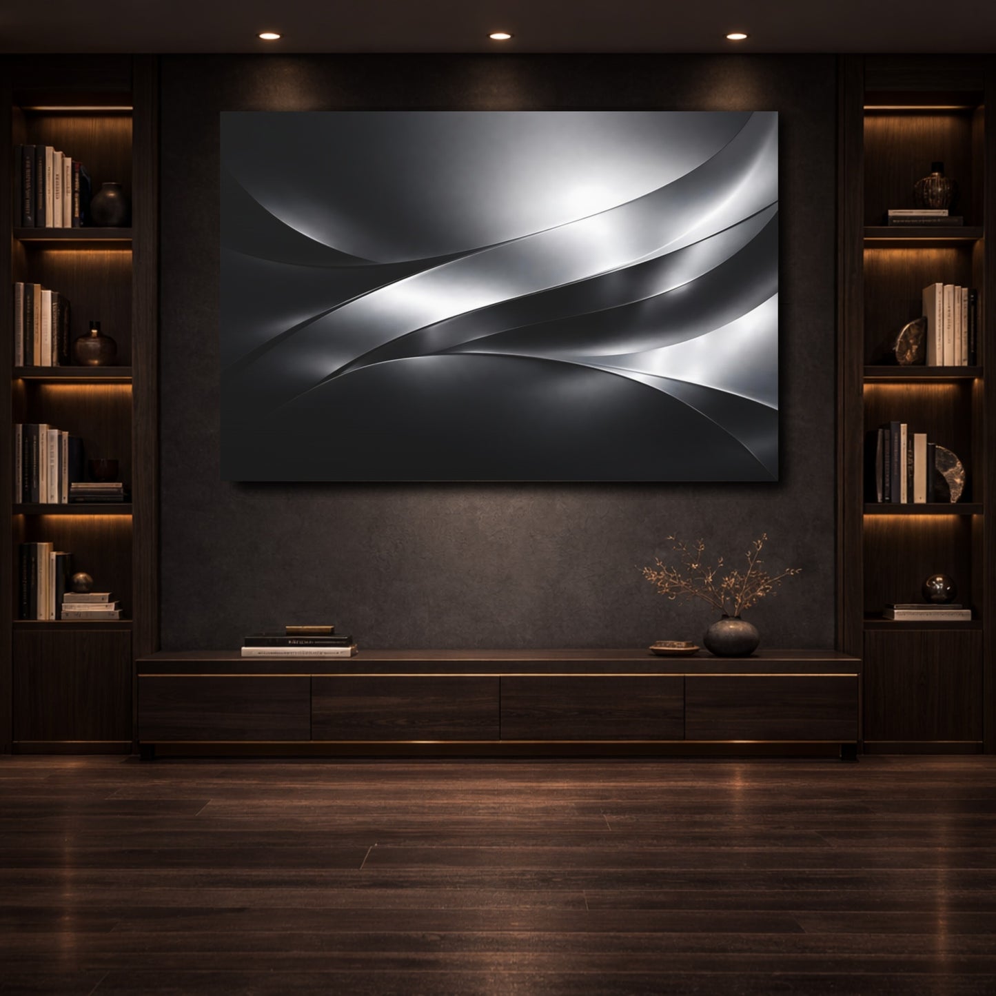 Mockup 3. Abstract Metallic Waves Black And Silver shown as stretched canvas wall art