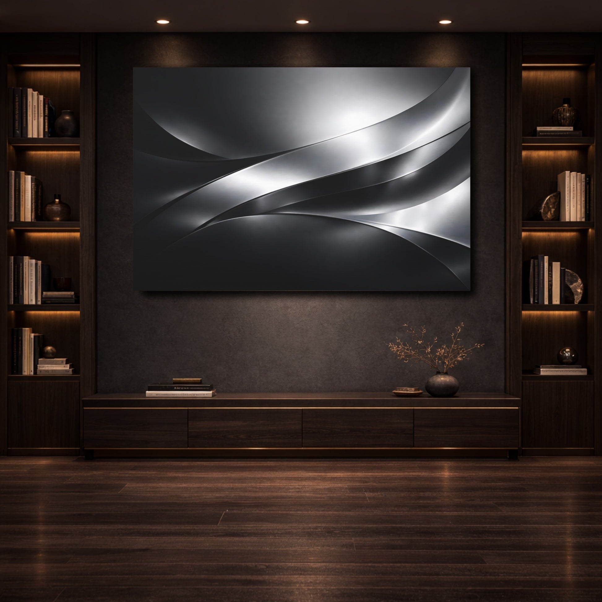 Mockup 3. Abstract Metallic Waves Black And Silver shown as stretched canvas wall art